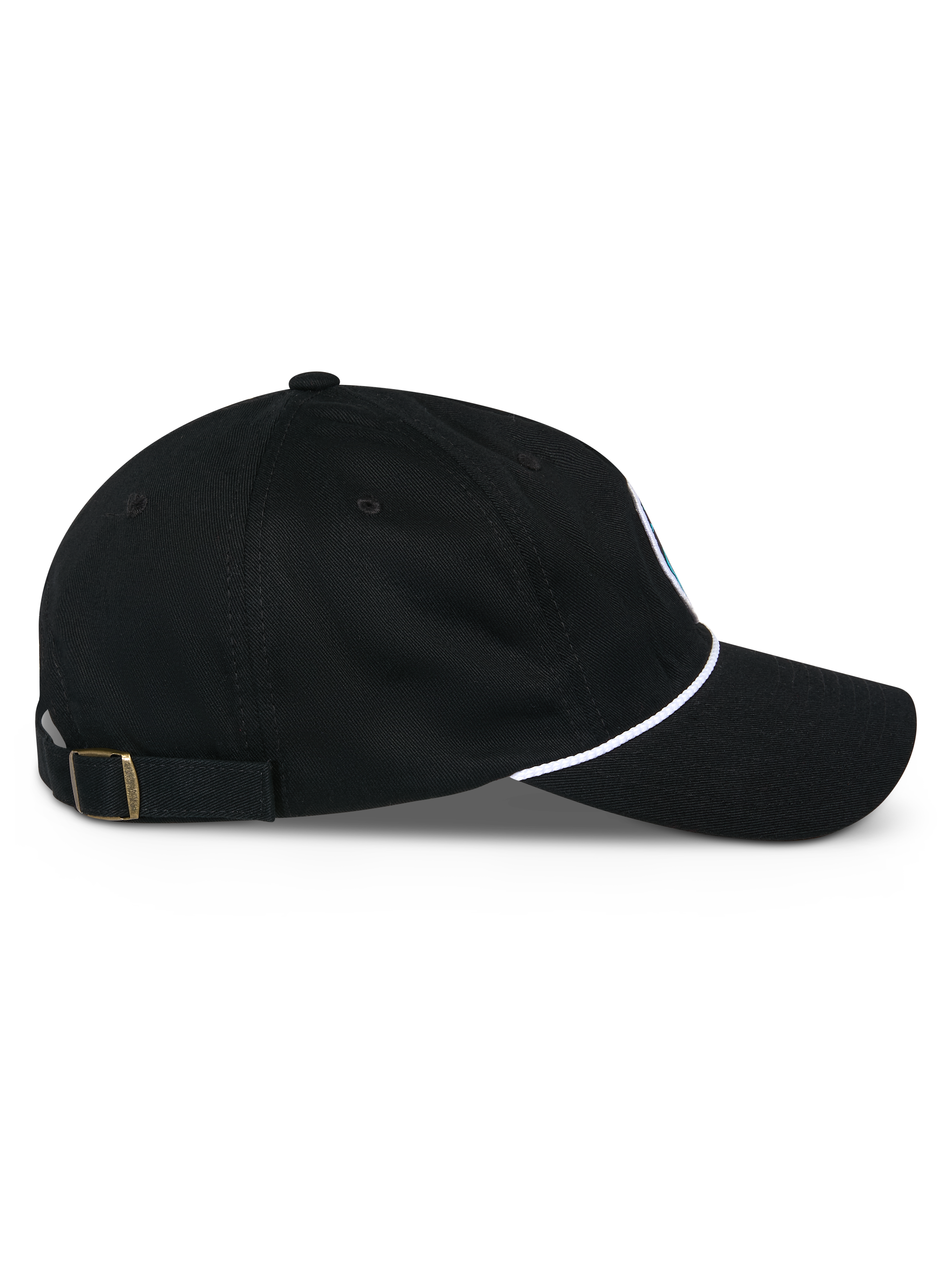 Alpinestars Calipalm Strapback pet, zijaanzicht, zwart, gebogen klep met wit koorddetail, verstelbare achtersluiting met messing gesp, 100% katoenen keperstof, casual op motorsport geïnspireerde hoofdbedekking