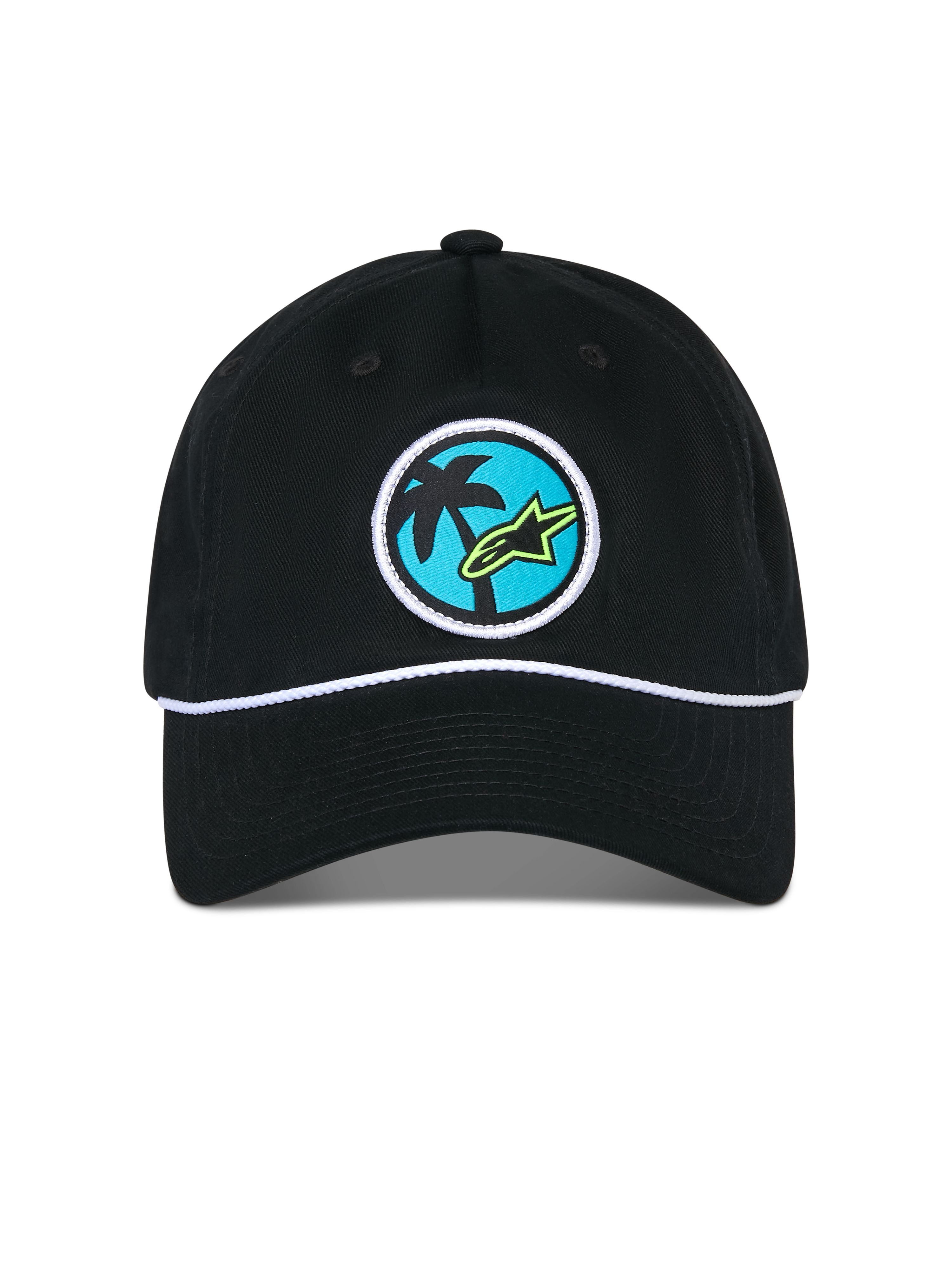 Alpinestars Calipalm Strapback pet, zwarte pet, met een ronde geweven patch met een palmboom en limoengroen Astars-logo op een blauwe achtergrond, wit koorddetail boven de klep, casual sportkleding