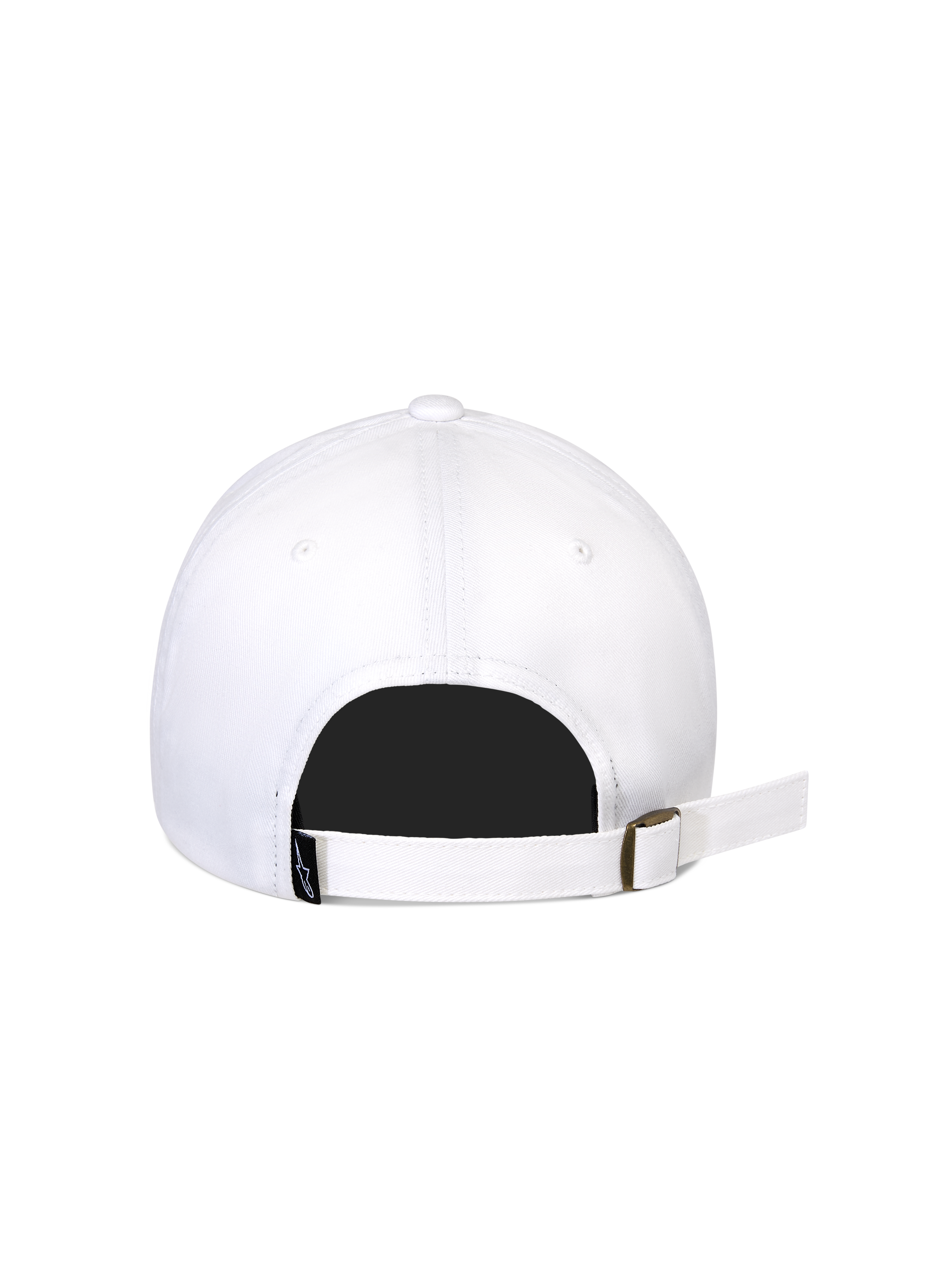 Alpinestars Calipalm Strapback pet, wit, achteraanzicht met verstelbare strapback-sluiting en metalen gesp, witte katoenen keperstof, klein zwart geweven logo-label, casual sportswear ontwerp