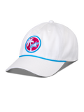 Alpinestars Calipalm Strapback pet, wit, gebogen klep met blauw touwdetail, ronde patch op de voorzijde met een witte palmboom en blauw Astars-logo op een roze achtergrond, casual sportswear