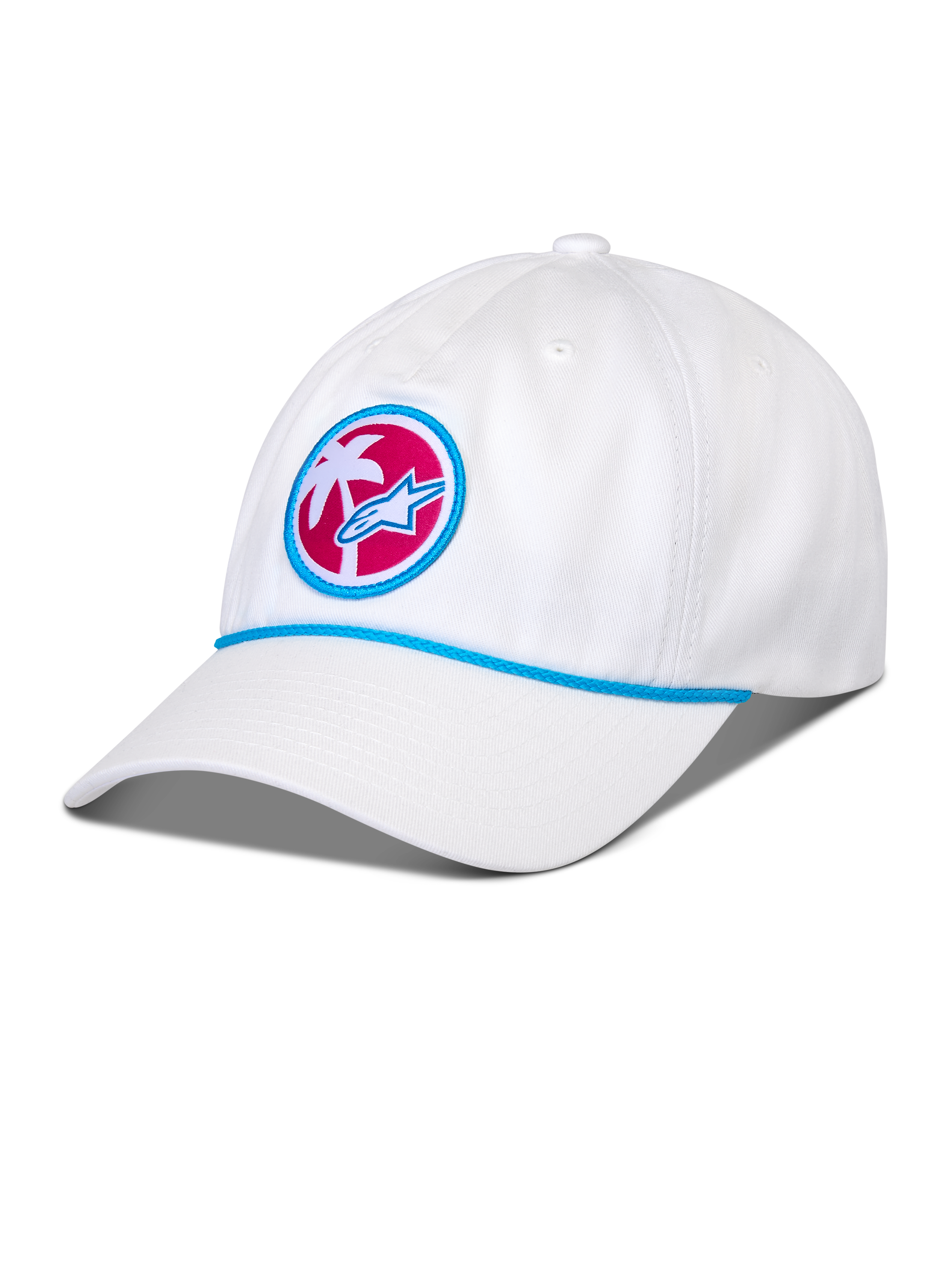 Alpinestars Calipalm Strapback pet, wit, gebogen klep met blauw touwdetail, ronde patch op de voorzijde met een witte palmboom en blauw Astars-logo op een roze achtergrond, casual sportswear