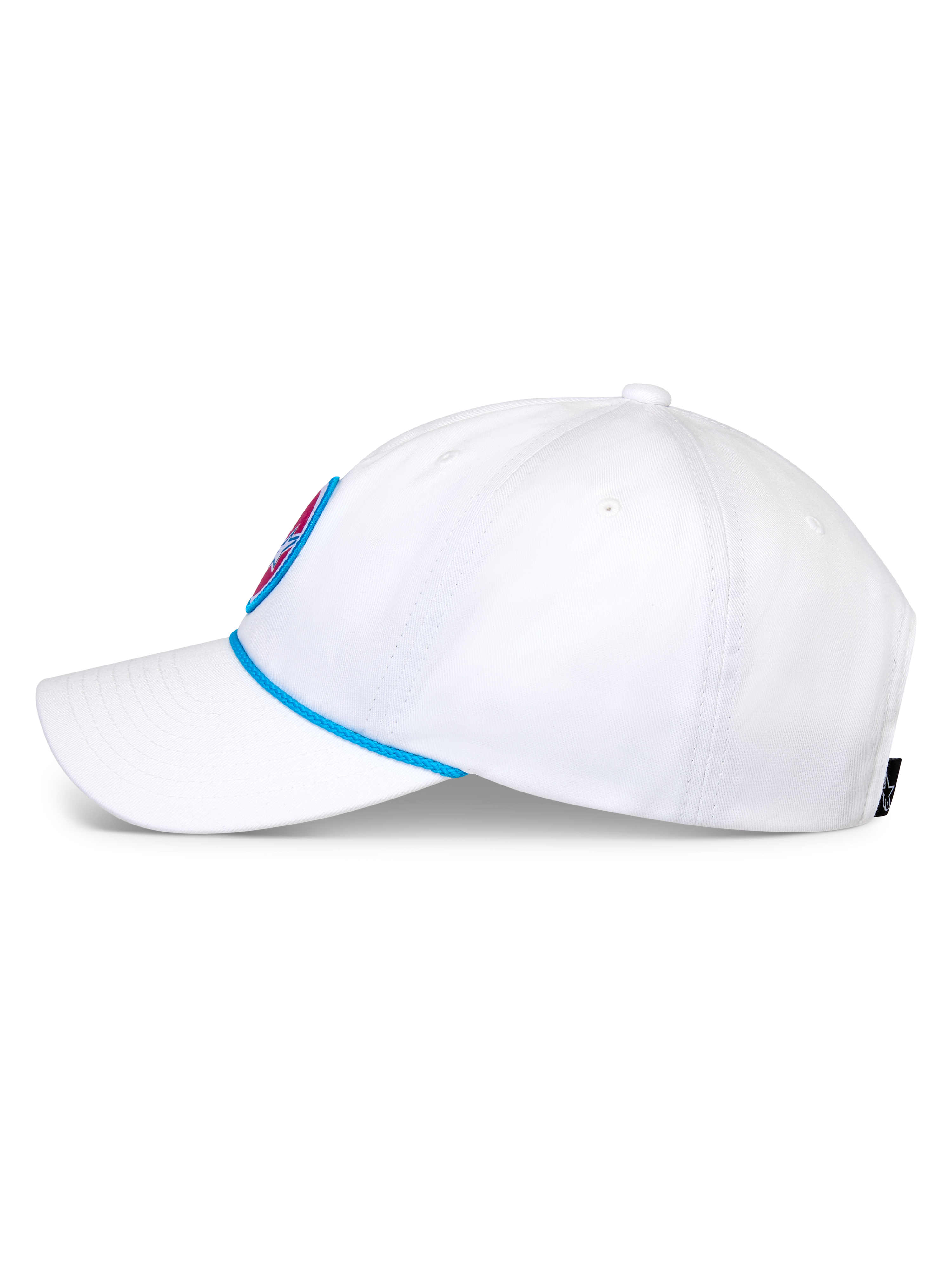 Alpinestars Calipalm Strapback pet, witte baseballcap, zijaanzicht met een gebogen klep en blauw koorddetail, ongestructureerde lage kroon van witte katoenen keperstof, casual sportieve hoofddeksel