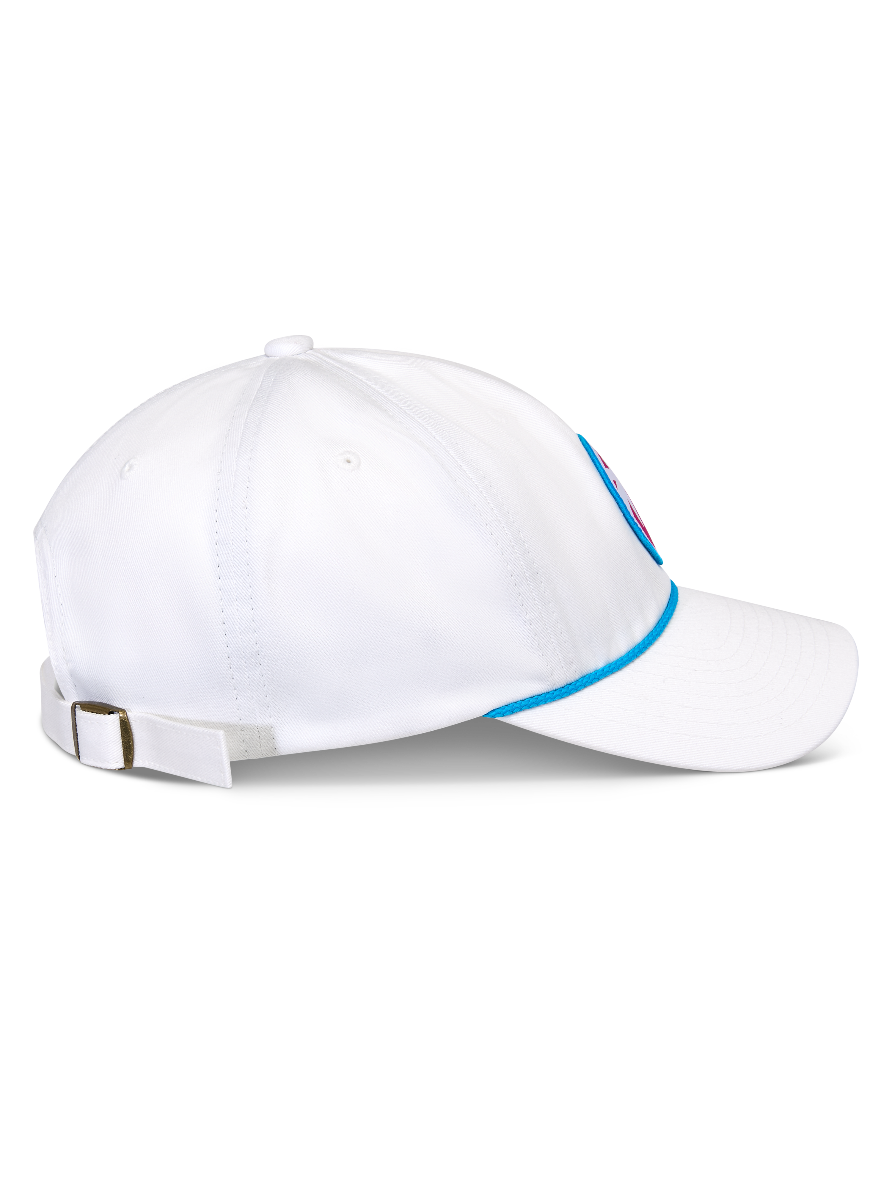 Alpinestars Calipalm Strapback pet, wit, zijaanzicht met gebogen klep en ongestructureerde lage kroon, blauw koorddetail aan de basis, verstelbare band aan de achterkant met metalen gesp, casual katoenen keperstof sportswear