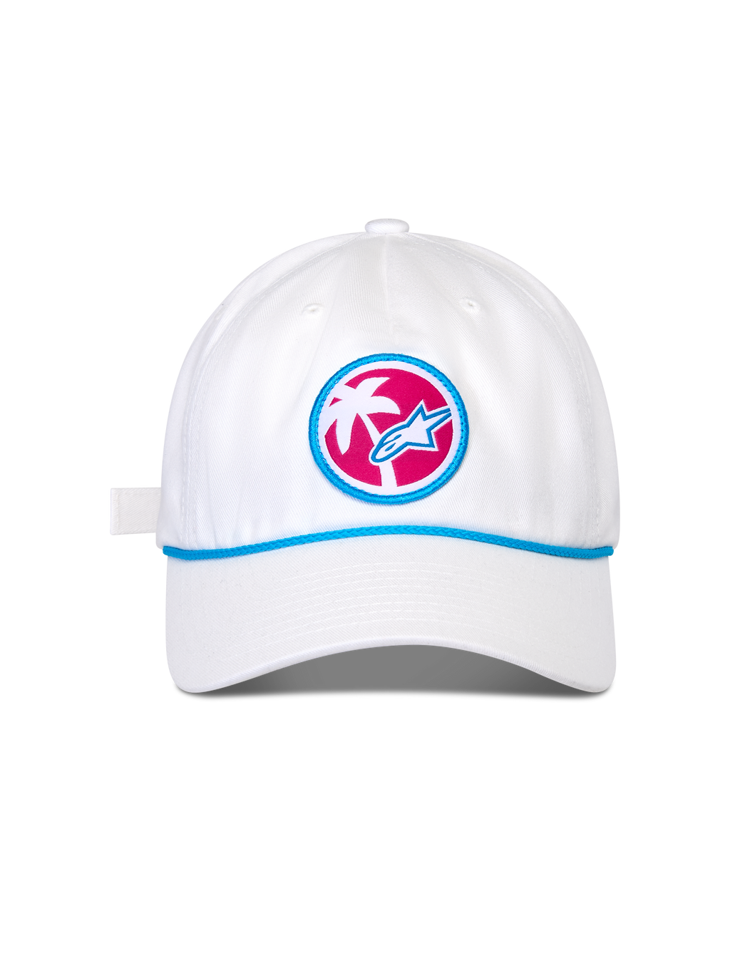 Alpinestars Calipalm Strapback pet, witte baseballcap, gebogen klep met blauw koorddetail, ronde patch aan de voorkant met roze achtergrond, witte palmboom en blauw Astars-logo, casual sportswear hoofdbedekking