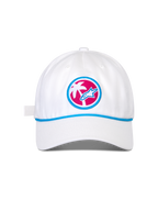 Alpinestars Calipalm Strapback pet, witte baseballcap, gebogen klep met blauw koorddetail, ronde patch aan de voorkant met roze achtergrond, witte palmboom en blauw Astars-logo, casual sportswear hoofdbedekking