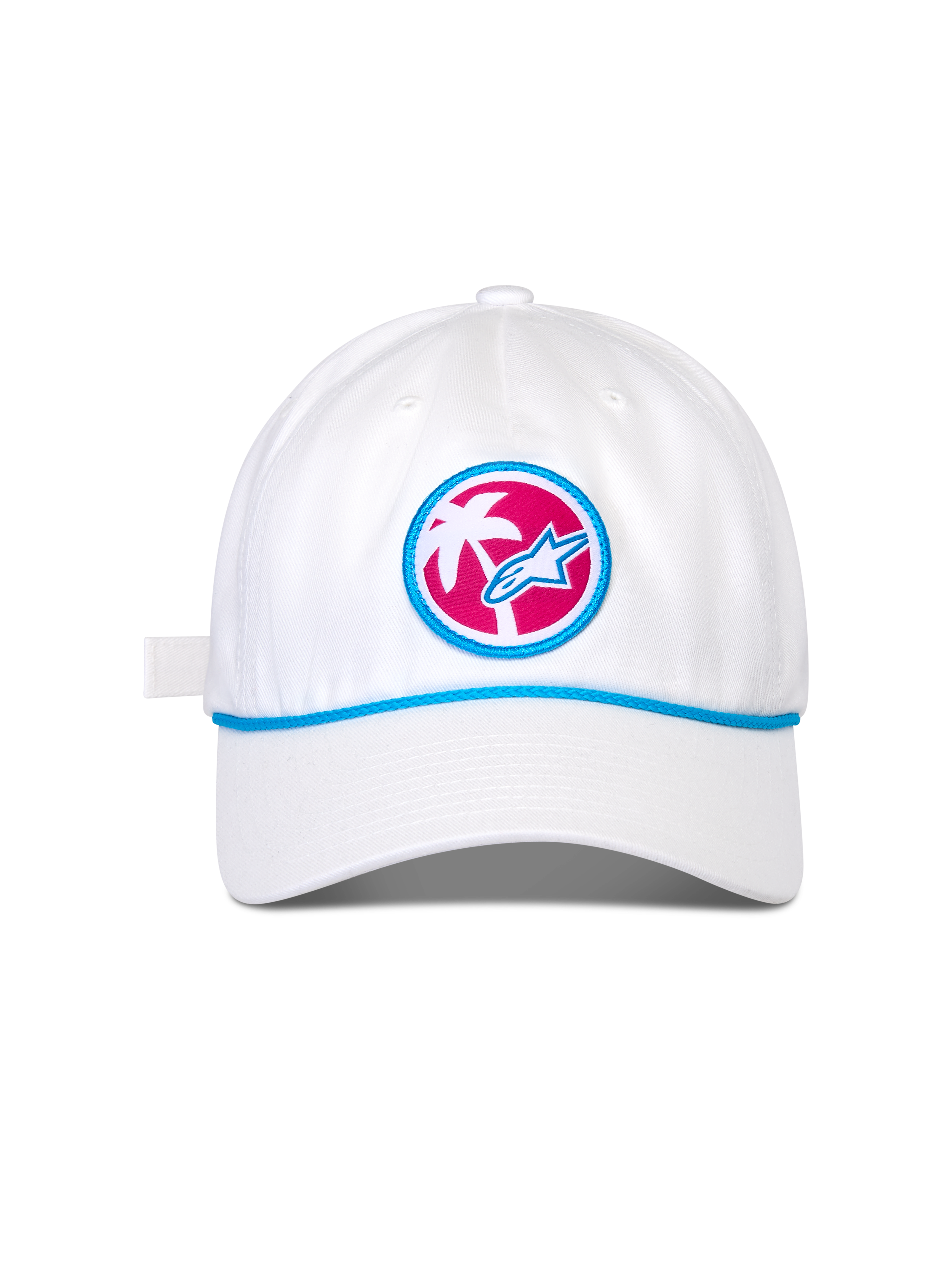 Alpinestars Calipalm Strapback pet, witte baseballcap, gebogen klep met blauw koorddetail, ronde patch aan de voorkant met roze achtergrond, witte palmboom en blauw Astars-logo, casual sportswear hoofdbedekking