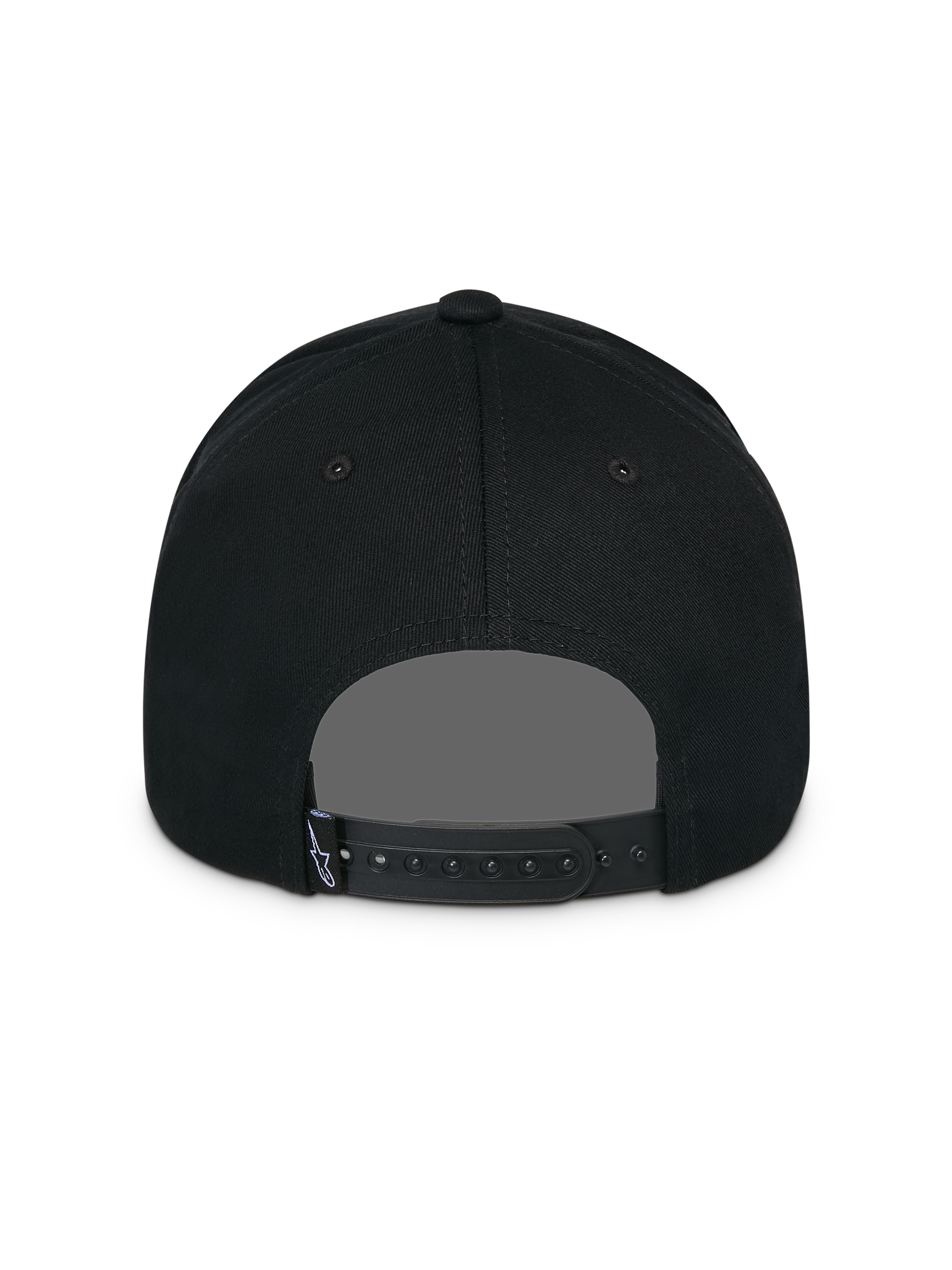 Alpinestars Lucid Snapback Hat, Black, Back View, featuring adjustable snapback closure and small Astars logo tag, structured crown, casual motorsport-inspired headwear