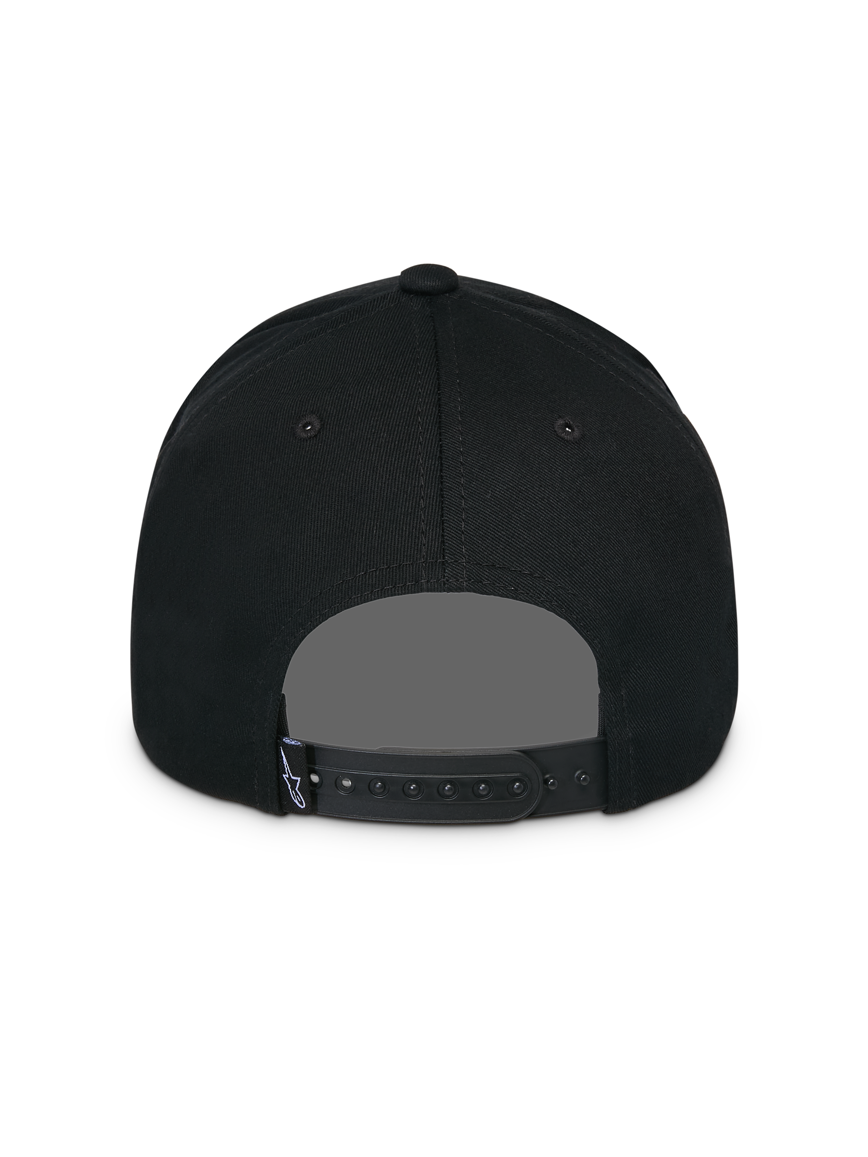 Alpinestars Lucid Snapback pet, zwart, achteraanzicht, met verstelbare snapback-sluiting en klein Astars-logolabel, gestructureerde kroon, casual op motorsport geïnspireerd hoofddeksel