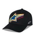 Alpinestars Lucid Snapback pet, zwarte gestructureerde baseballcap, levendig meerkleurig geborduurd Astars-logo met 'Racing Ahead' tekst op de voorkant, gebogen klep, wit geborduurd logo aan de zijkant, casual motorsport headwear