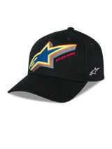 Alpinestars Lucid Snapback Hat, Black structured baseball cap, vibrant multi-color embroidered Astars logo with 'Racing Ahead' text on the front, curved bill, white side logo embroidery, casual motorsport headwear