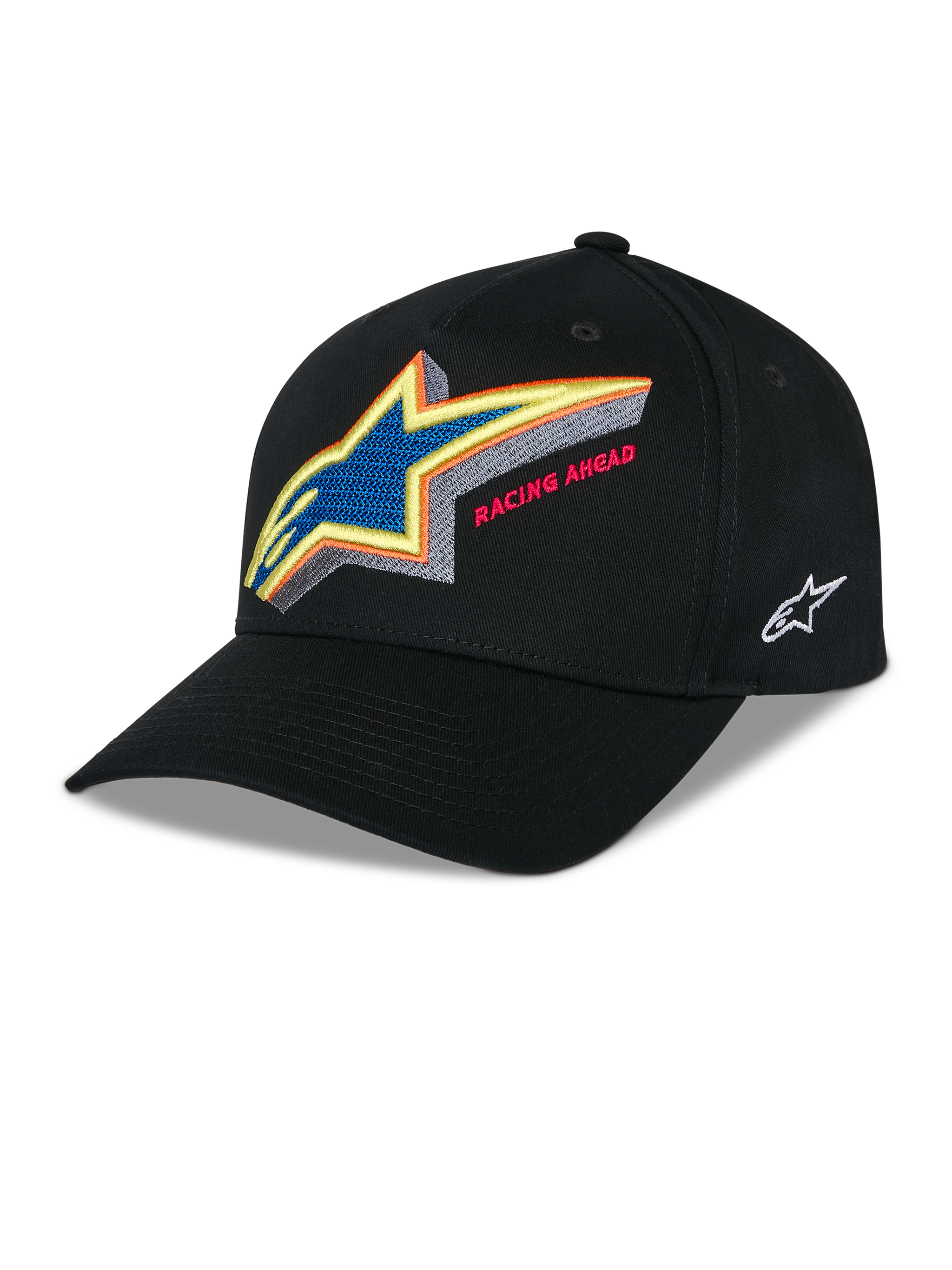 Alpinestars Lucid Snapback Hat, Black structured baseball cap, vibrant multi-color embroidered Astars logo with 'Racing Ahead' text on the front, curved bill, white side logo embroidery, casual motorsport headwear