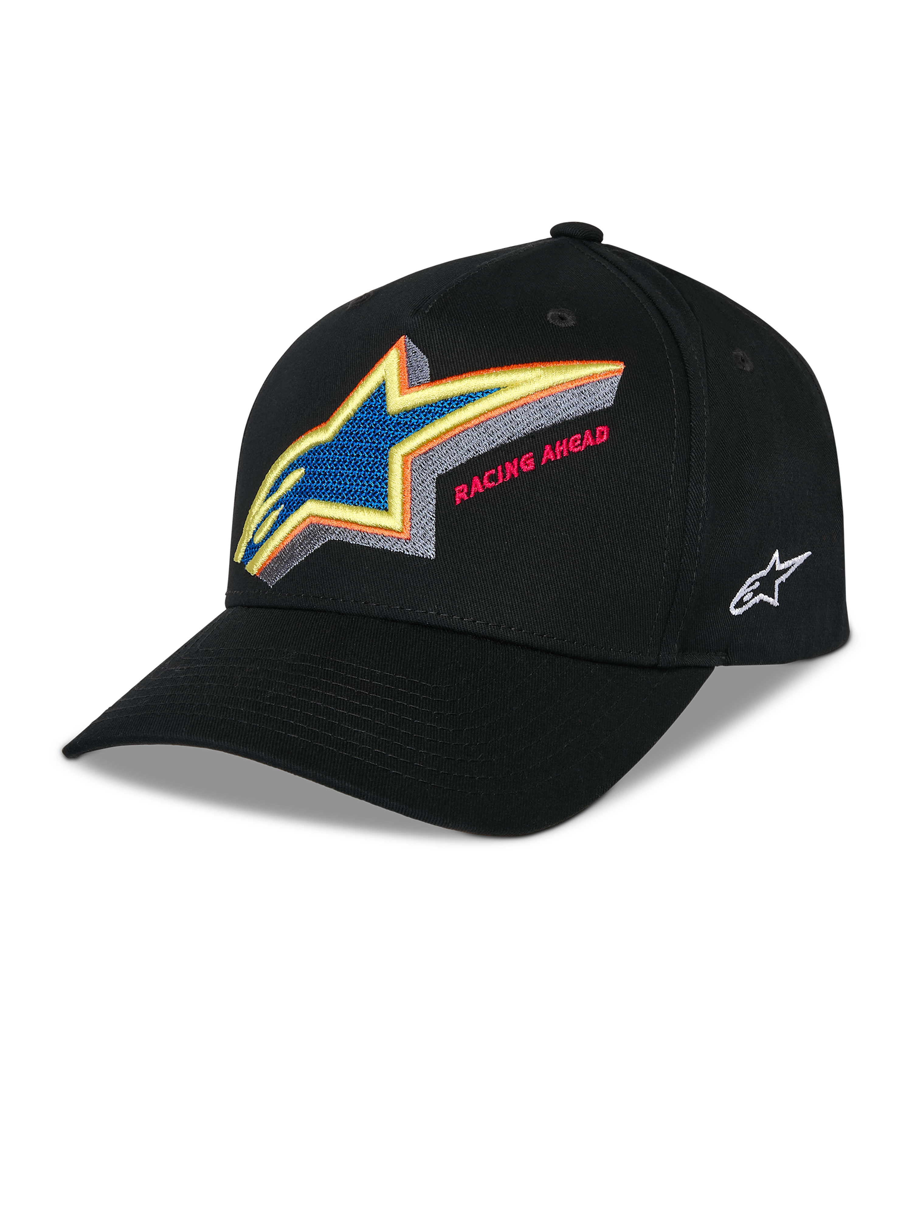 Alpinestars Lucid Snapback pet, zwarte gestructureerde baseballcap, levendig meerkleurig geborduurd Astars-logo met 'Racing Ahead' tekst op de voorkant, gebogen klep, wit geborduurd logo aan de zijkant, casual motorsport headwear