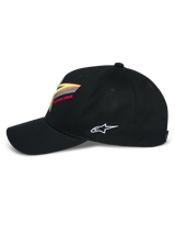 Alpinestars Lucid Snapback Hat, Black, structured crown with curved bill, featuring vibrant multi-color Astars logo embroidery on front and white side logo, casual motorsport-inspired sportswear