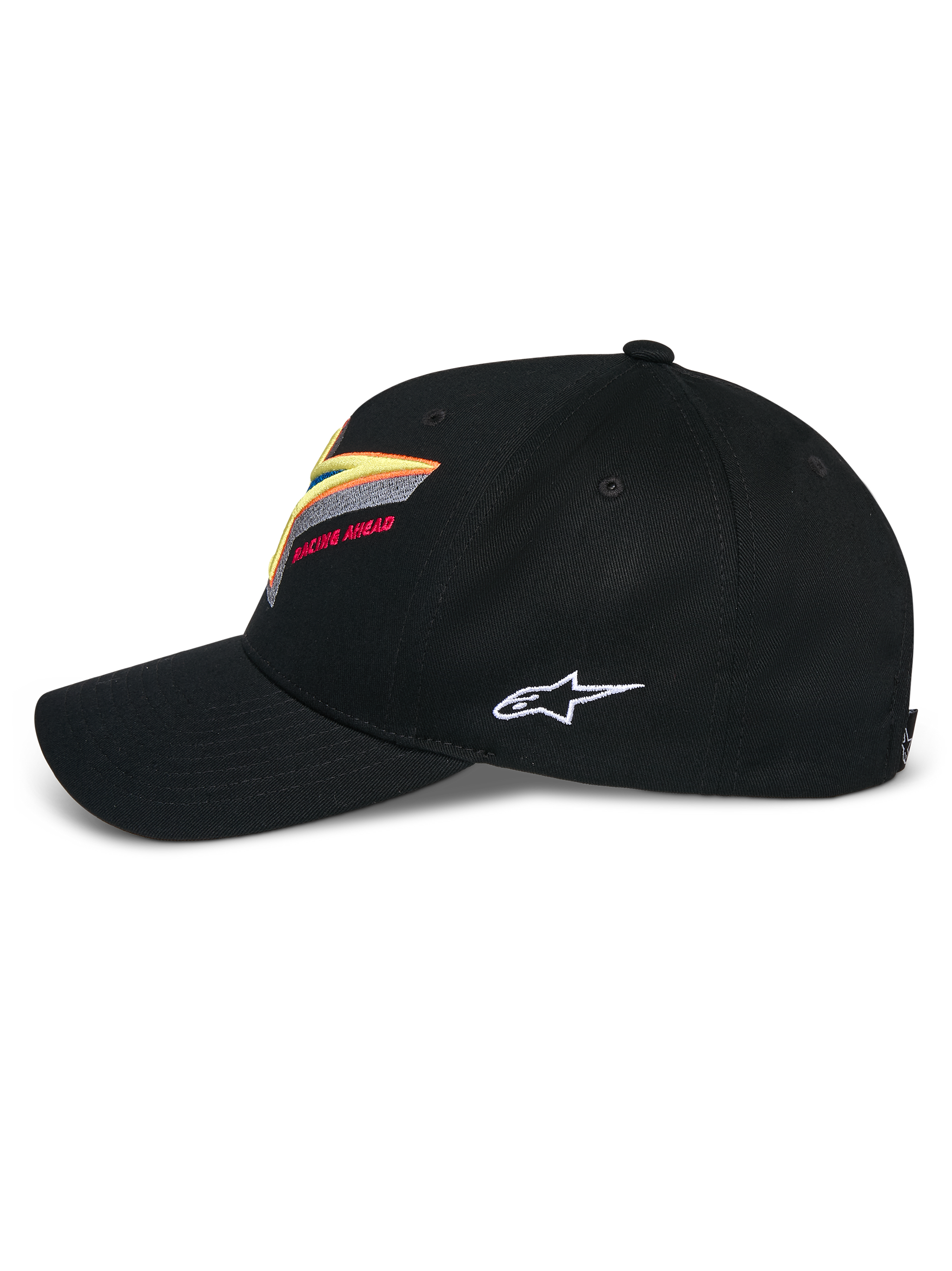 Alpinestars Lucid Snapback Hat, Black, structured crown with curved bill, featuring vibrant multi-color Astars logo embroidery on front and white side logo, casual motorsport-inspired sportswear