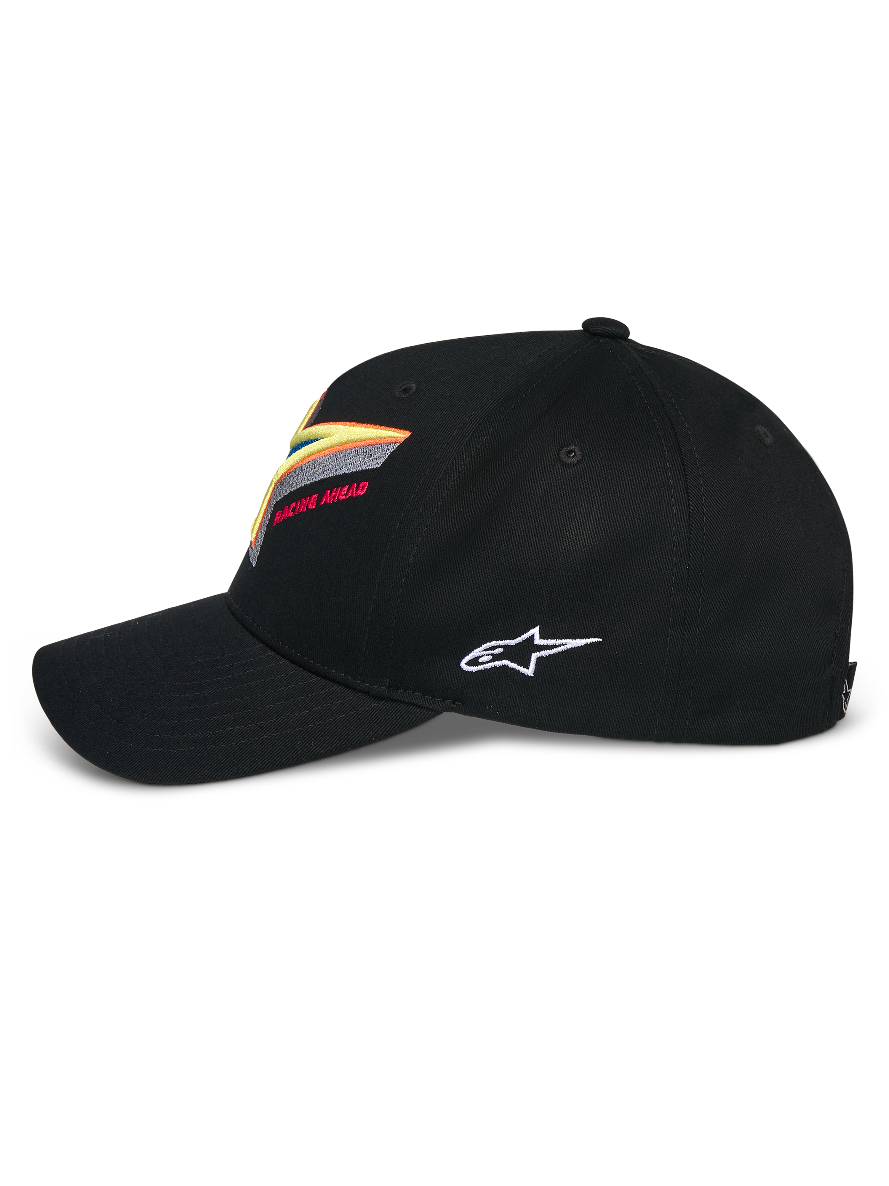 Alpinestars Lucid Snapback pet, zwart, gestructureerde kroon met gebogen klep, voorzien van levendig meerkleurig geborduurd Astars-logo op de voorkant en wit logo aan de zijkant, casual op de motorsport geïnspireerde sportswear