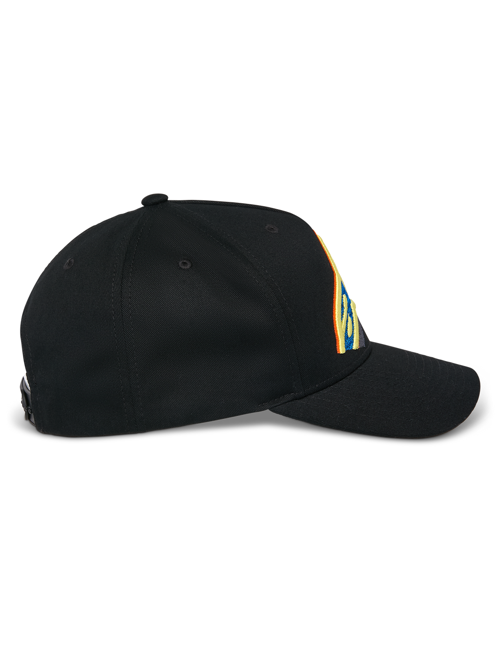 Alpinestars Lucid Snapback pet, zwart, zijaanzicht, gebogen klep met gestructureerde kroon, levendig meerkleurig geborduurd logo, 100% katoenen keperstof