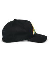Alpinestars Lucid Snapback Hat, Black, side profile view, curved bill with structured crown, featuring vibrant multi-color logo embroidery, 100% cotton twill fabric.