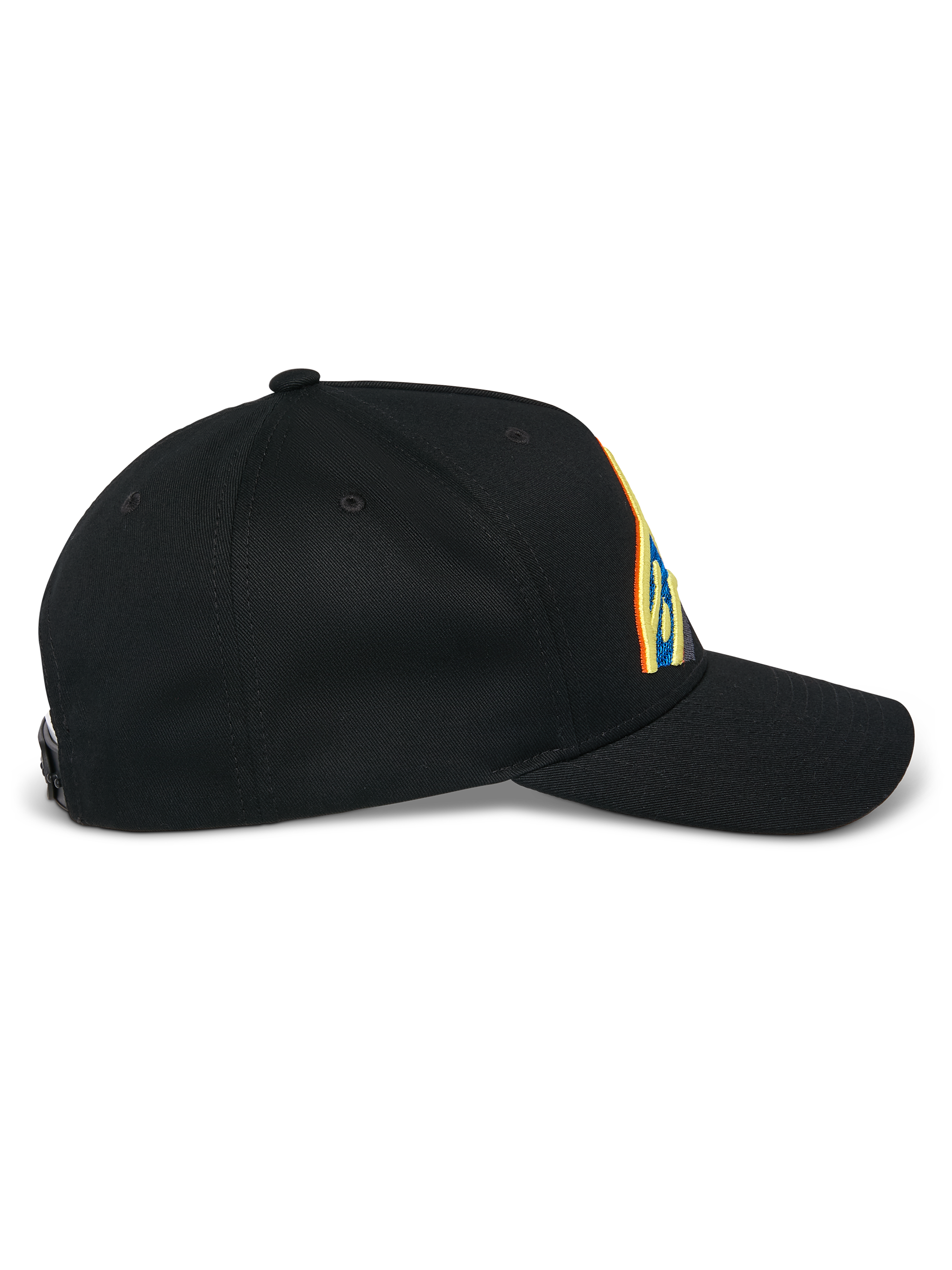 Alpinestars Lucid Snapback pet, zwart, zijaanzicht, gebogen klep met gestructureerde kroon, levendig meerkleurig geborduurd logo, 100% katoenen keperstof