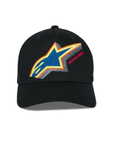 Alpinestars Lucid Snapback Hat, Black, front view showing vibrant multi-color Astars logo embroidery with Racing Ahead text, curved bill and structured crown, casual sportswear headwear