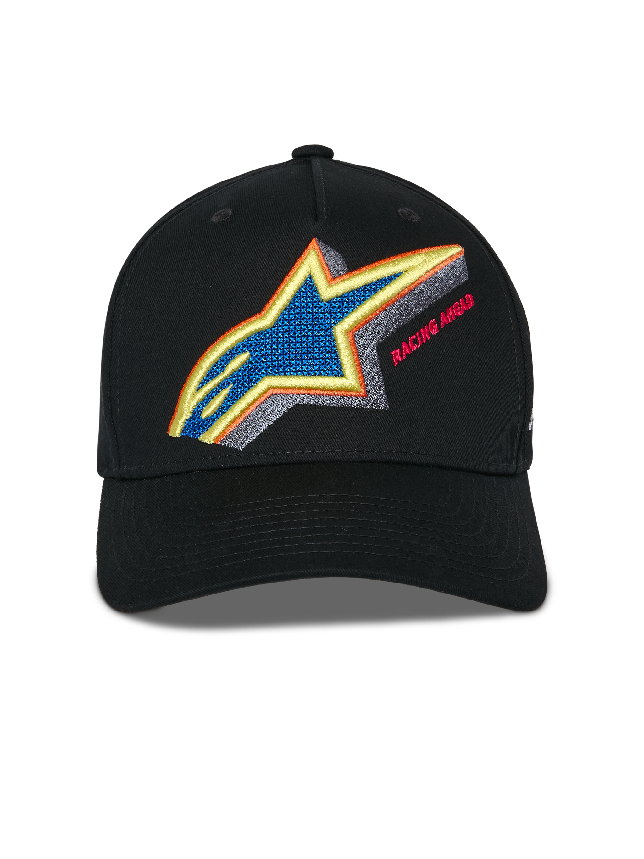 Alpinestars Lucid Snapback Hat, Black, front view showing vibrant multi-color Astars logo embroidery with Racing Ahead text, curved bill and structured crown, casual sportswear headwear