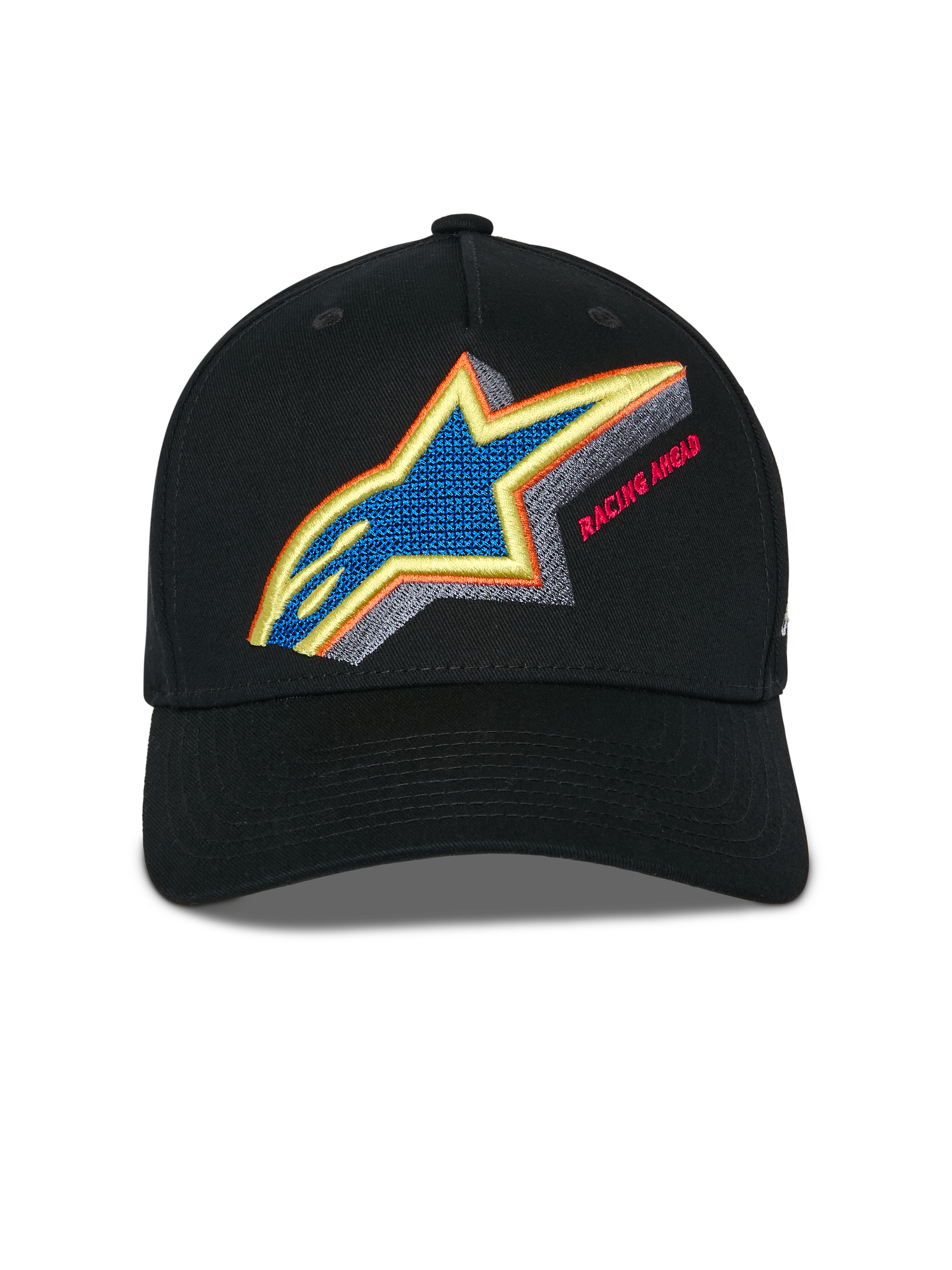 Alpinestars Lucid Snapback pet, zwart, vooraanzicht met levendig meerkleurig Astars-logo borduurwerk en 'Racing Ahead' tekst, gebogen klep en gestructureerde kroon, casual sportswear pet