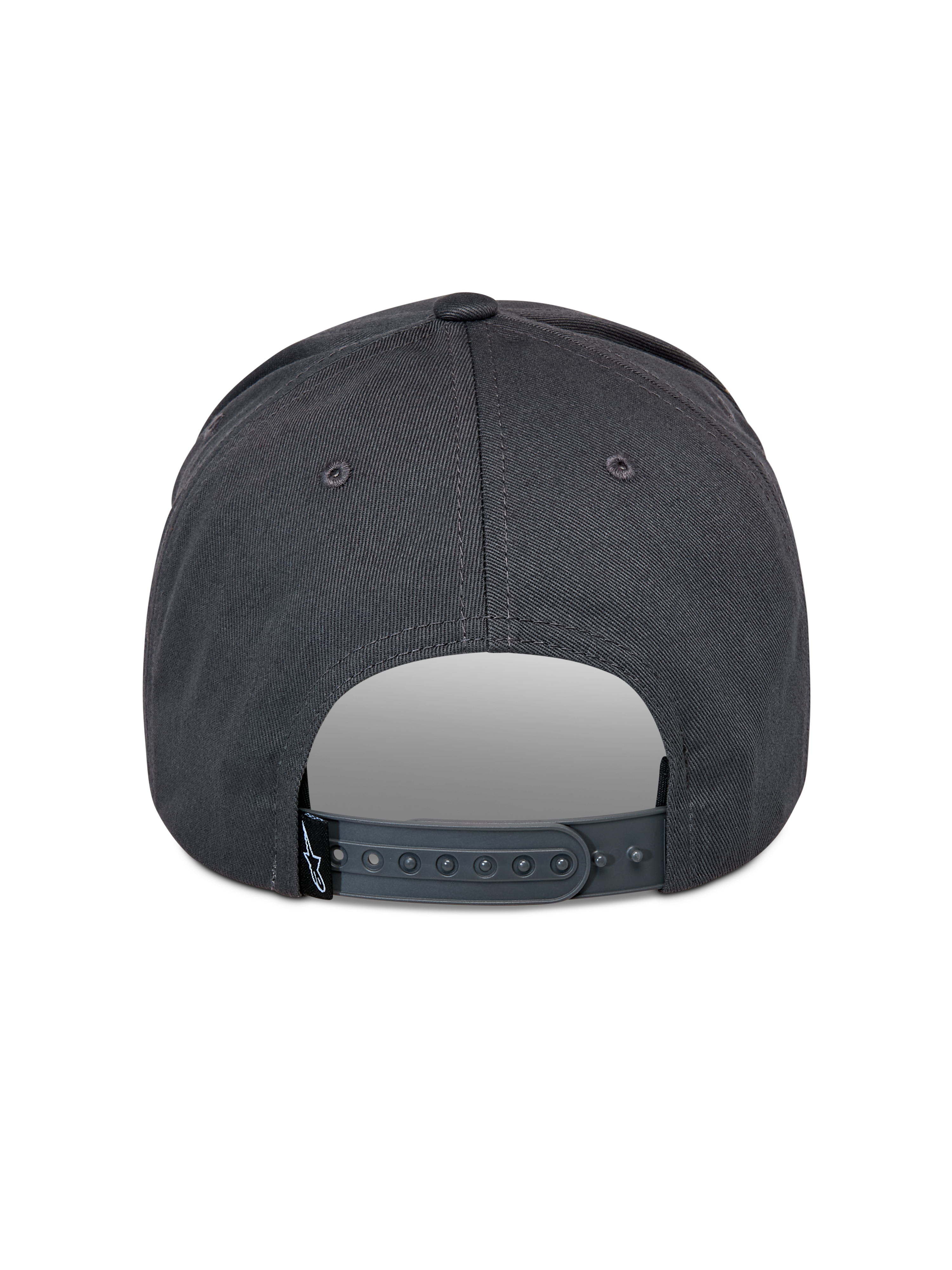 Alpinestars Lucid Snapback Kappe, Dunkelgrau, Rückansicht mit verstellbarem Snapback-Verschluss aus Kunststoff und kleinem schwarzen Logo-Etikett, strukturierte Krone, lässige, vom Motorsport inspirierte Kopfbedeckung
