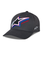 Alpinestars Lucid Snapback Kappe, anthrazitfarbene Baseballkappe, gebogener Schirm mit strukturierter Krone, großes mehrfarbig besticktes Astars-Logo auf der Vorderseite mit „Racing Ahead“-Schriftzug, kleines weißes Logo an der Seite, lässiger Motorsport-Stil