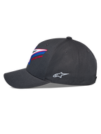 Alpinestars Lucid Snapback Kappe, Seitenansicht, Anthrazit, gebogener Schirm mit strukturierter Krone, lebhafte mehrfarbige Logo-Stickerei vorne, weißes seitliches Astars-Logo, lässige Motorsport-Kopfbedeckung