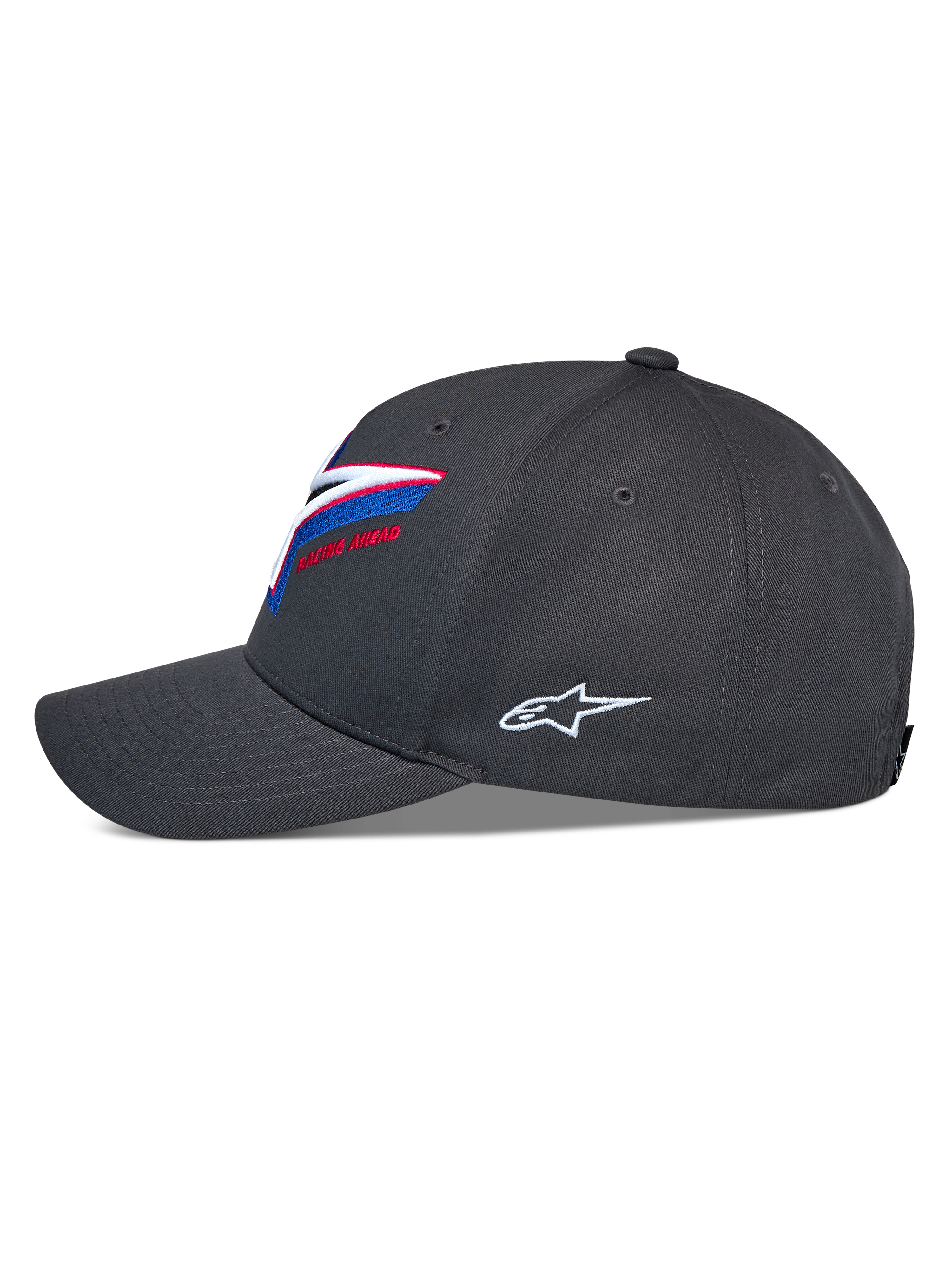 Alpinestars Lucid Snapback Kappe, Seitenansicht, Anthrazit, gebogener Schirm mit strukturierter Krone, lebhafte mehrfarbige Logo-Stickerei vorne, weißes seitliches Astars-Logo, lässige Motorsport-Kopfbedeckung