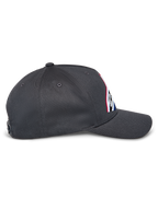 Alpinestars Lucid Snapback Kappe, Seitenansicht, Anthrazitgrau, gebogener Schirm und strukturierte Krone, besticktes Frontlogo mit mehrfarbiger Füllung, lässige, vom Motorsport inspirierte Snapback