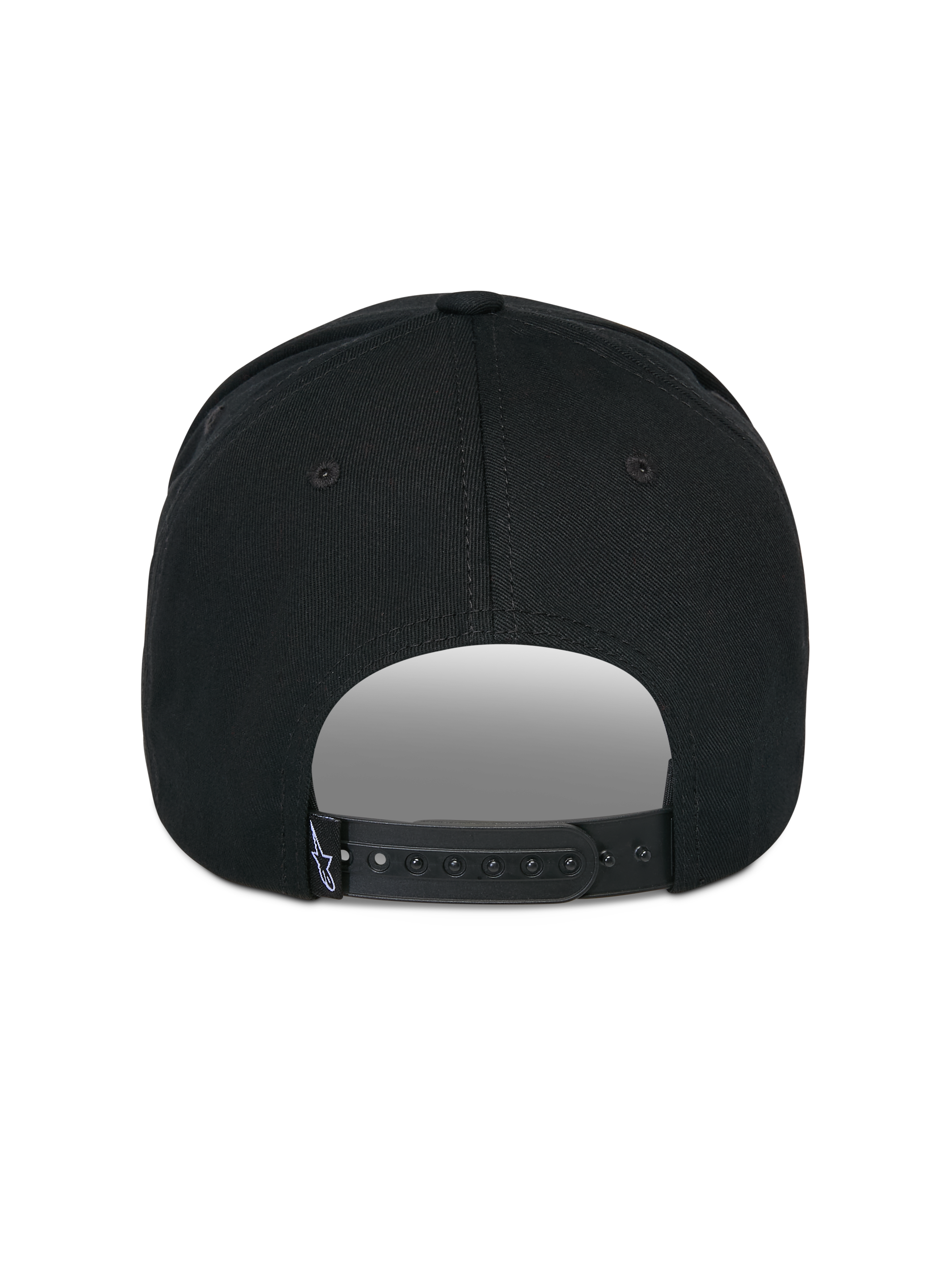 Alpinestars Matrix Snapback pet, zwart, achteraanzicht, met verstelbare snapback-sluiting en een klein wit logo-label, gestructureerde kroon en gebogen klep, casual motorsport-geïnspireerde streetwear