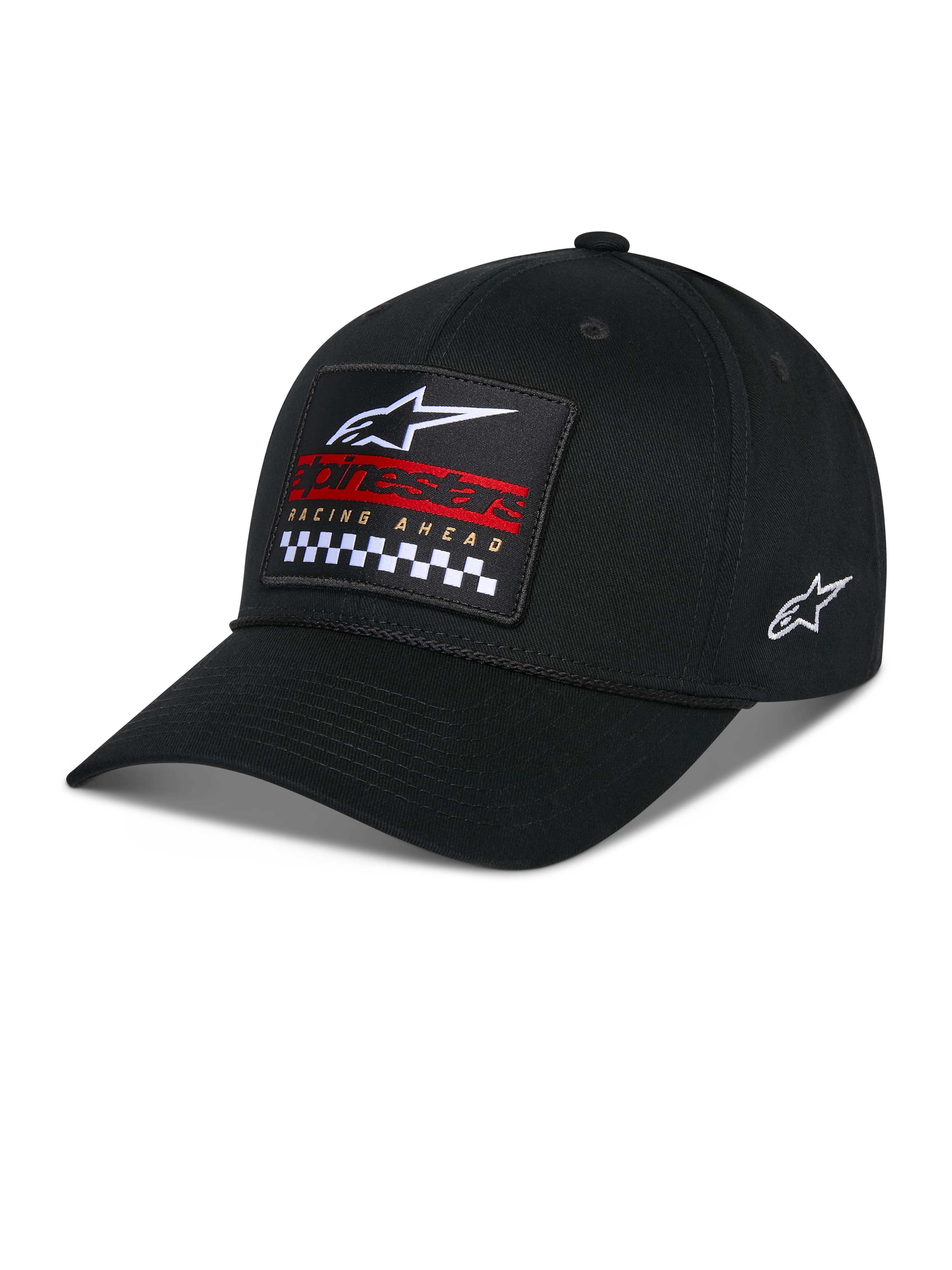 Alpinestars Matrix Snapback Mütze, Schwarz, gebogener Schirm mit strukturierter Krone, mehrfarbiger Stick-Patch auf der Vorderseite mit Alpinestars-Logo, rotes Branding und Karomuster, seitliche Logo-Stickerei, lässige Motorsport-Kopfbedeckung