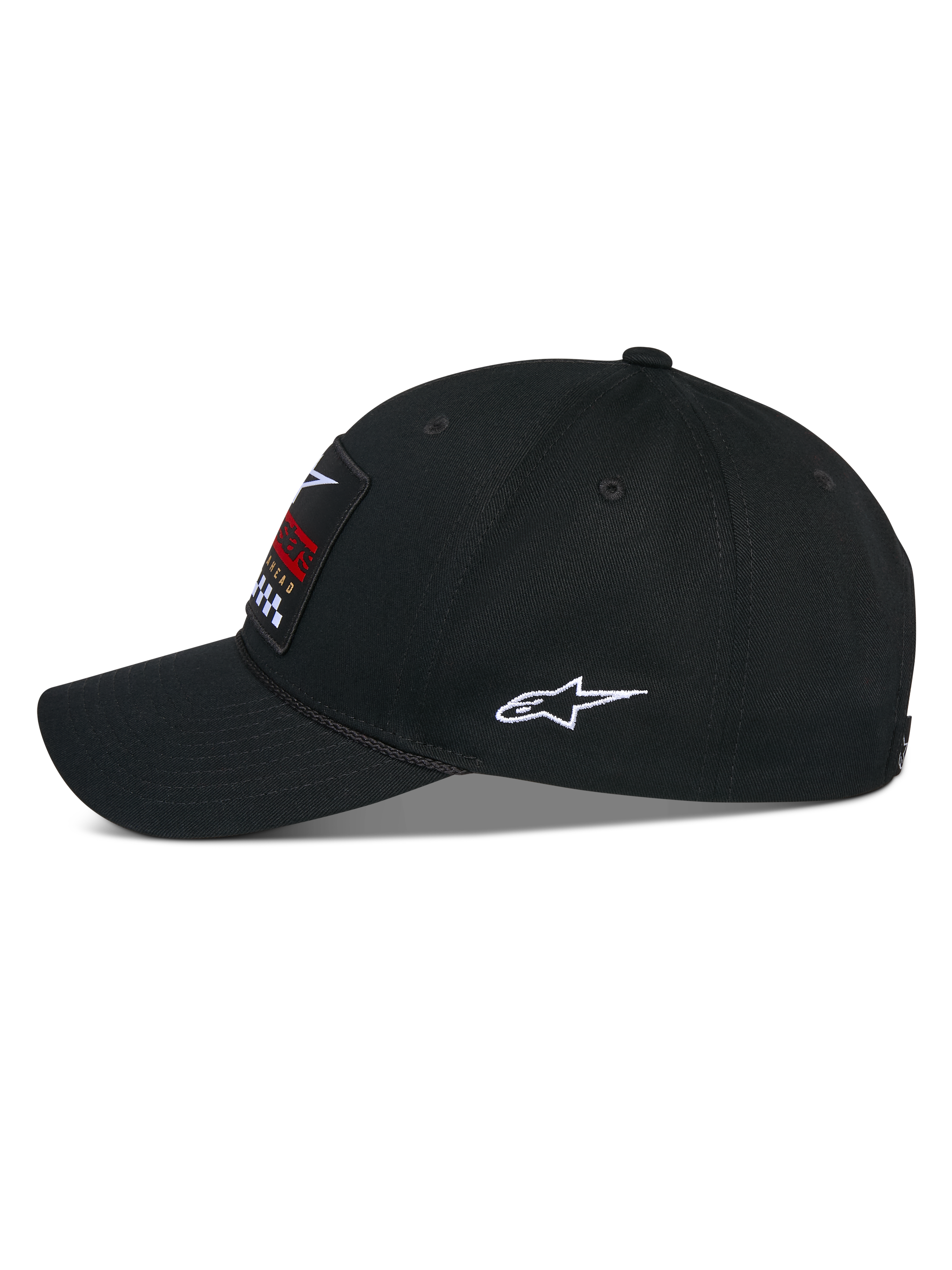 Alpinestars Matrix Snapback pet, zwart, zijaanzicht van een casual baseballpet met een gebogen klep en gestructureerde kroon, voorzien van een meerkleurige borduurpatch aan de voorzijde en een wit Astars-logo aan de zijkant, katoen twill constructie.
