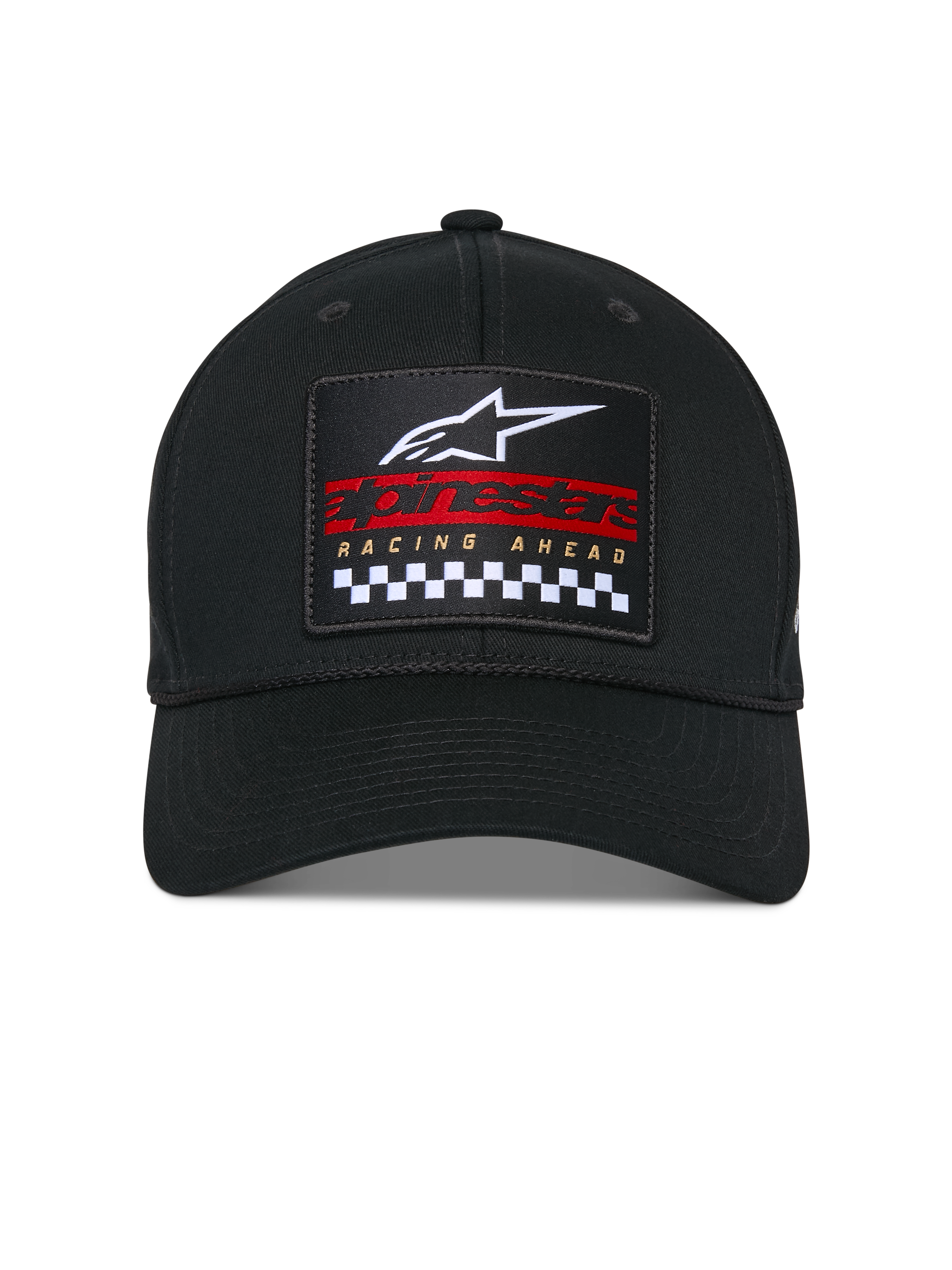Alpinestars Matrix Snapback Pet, zwart, gestructureerde kroon en gebogen klep, vooraanzicht met een meerkleurige geborduurde patch met een wit Astars-logo, rode merknaam en een zwart-wit geblokt patroon, casual motorsport-hoofddeksel