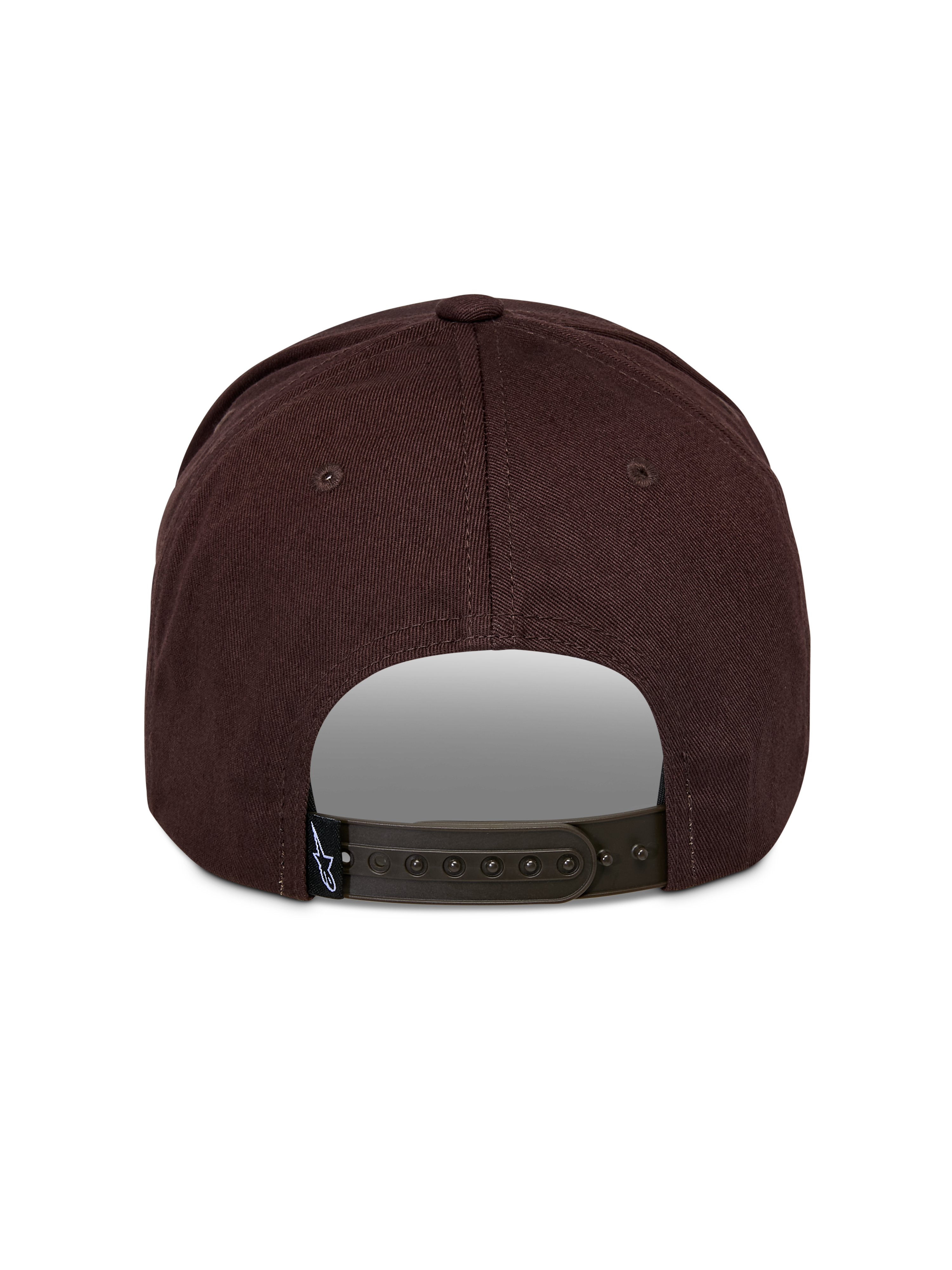 Alpinestars Matrix Snapback pet, achteraanzicht, bruin, verstelbare snapback-sluiting, gestructureerde kroon, twill hoofdstof, klein Astars-logolabel aan de achterkant