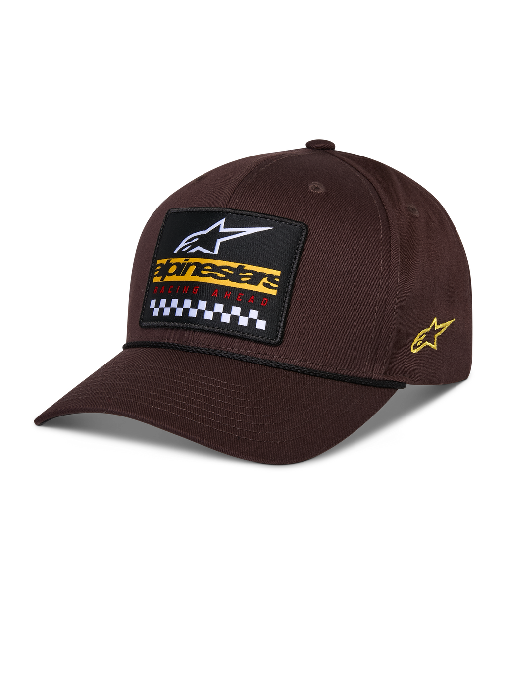 Alpinestars Matrix Snapback pet, bruin, met een geborduurde patch op de voorzijde met wit logo, geel merklogo en geblokt patroon, Astars-logo aan de zijkant, gebogen klep, casual sportkleding