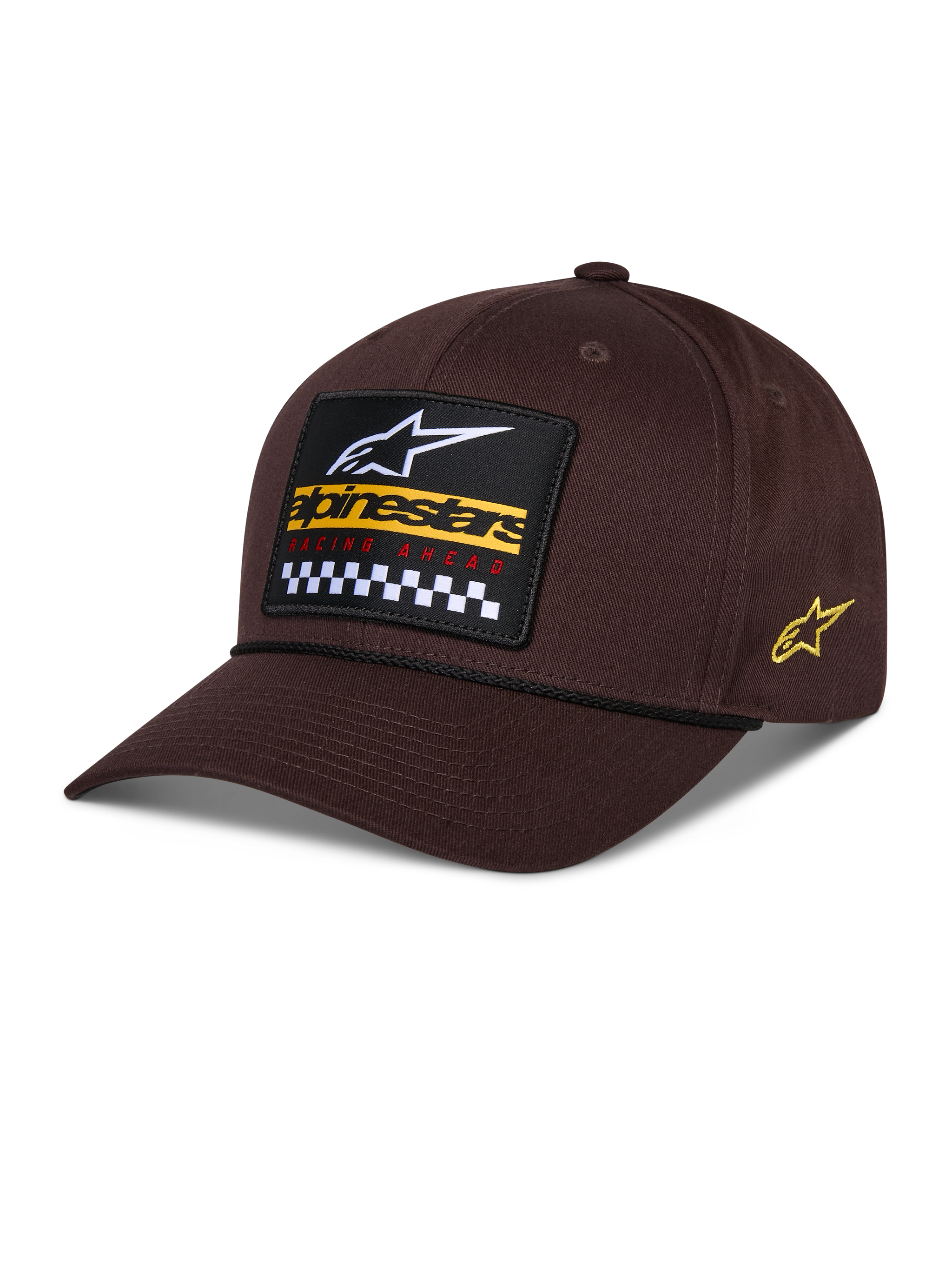 Alpinestars Matrix Snapback pet, bruin, met een geborduurde patch op de voorzijde met wit logo, geel merklogo en geblokt patroon, Astars-logo aan de zijkant, gebogen klep, casual sportkleding