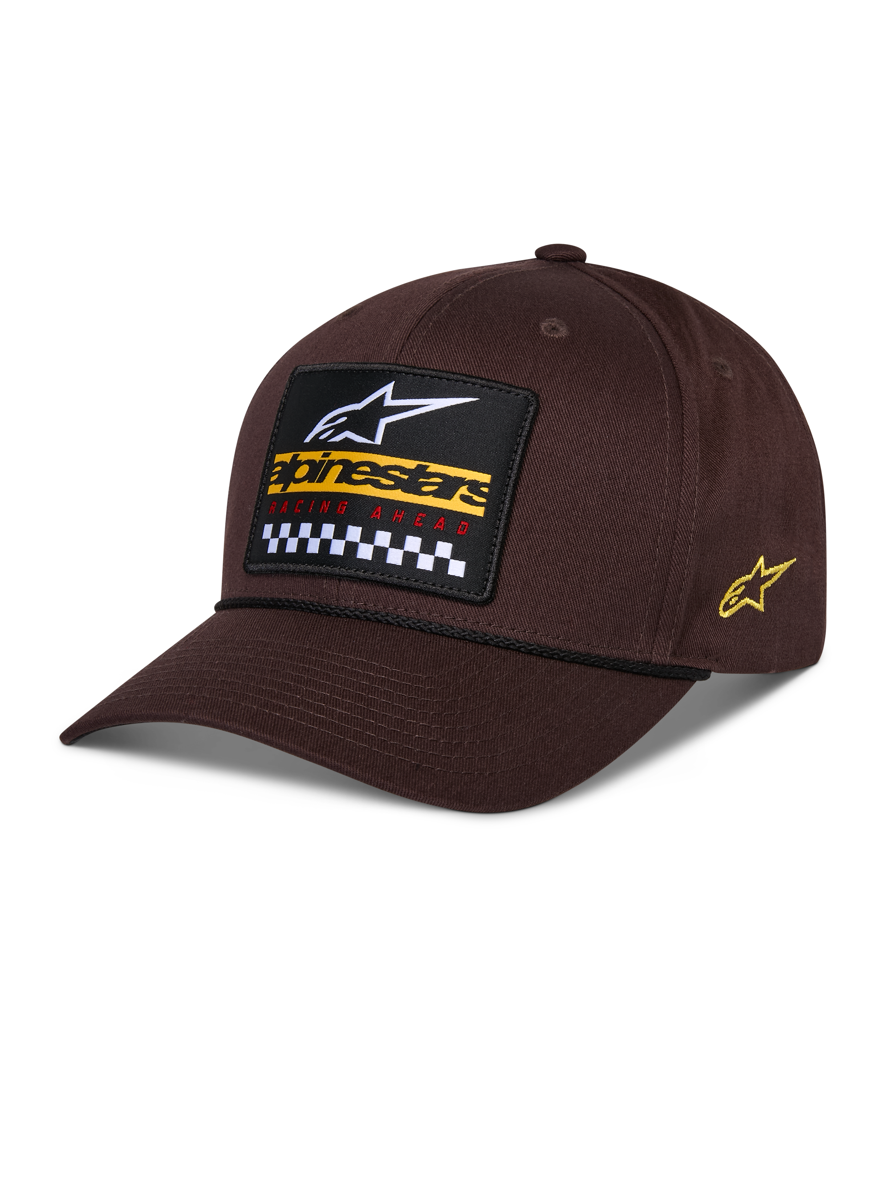Alpinestars Matrix Snapback pet, bruin, met een geborduurde patch op de voorzijde met wit logo, geel merklogo en geblokt patroon, Astars-logo aan de zijkant, gebogen klep, casual sportkleding