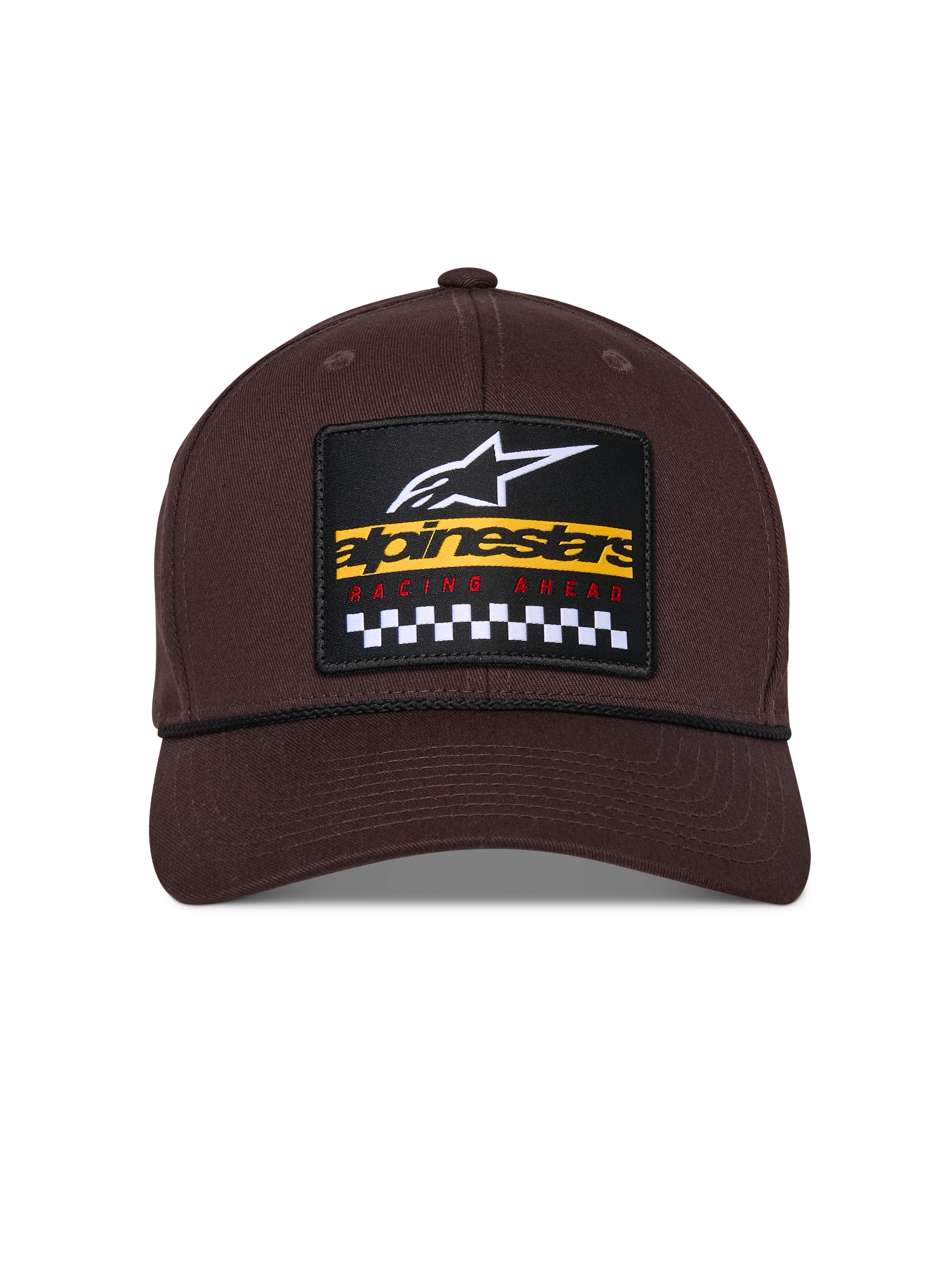 Alpinestars Matrix Snapback pet, bruin, vooraanzicht met gestructureerde kroon en gebogen klep, meerkleurige geborduurde patch met Alpinestars-branding en geblokt racemotief, zwart koorddetail, casual motorsport-stijl