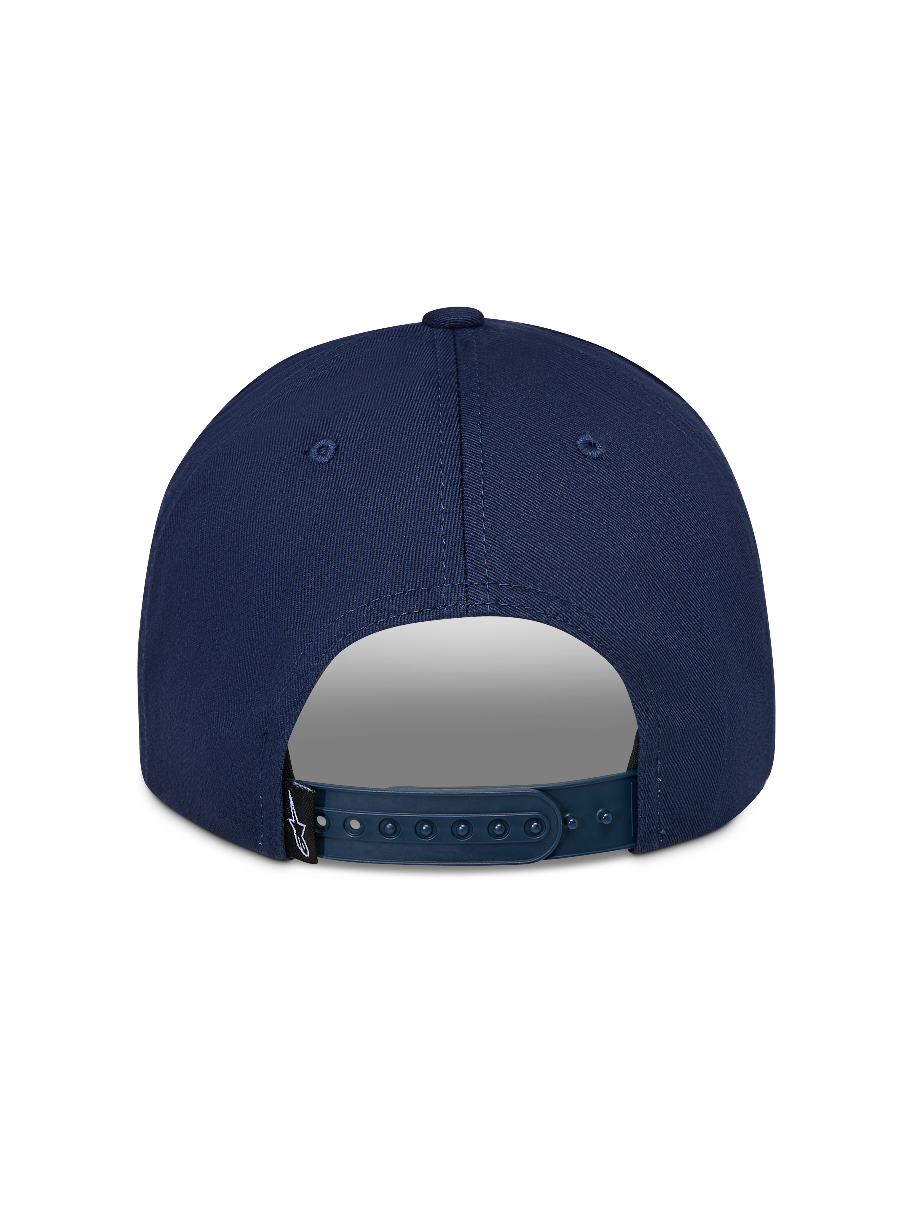 Alpinestars Trifecta Snapback-pet, marineblauw, achteraanzicht met verstelbare snapback-sluiting, klein zwart logo-label, duurzame katoenen keperstof, casual motorsport streetwear