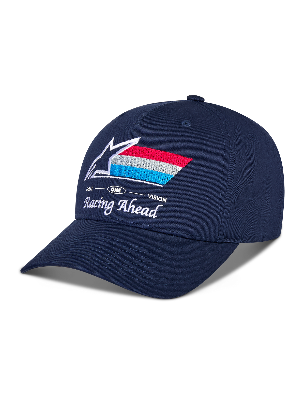 Alpinestars Trifecta Snapback Kappe, Dunkelblau, gebogener Schirm mit strukturierter Krone, vorne besticktes Astars-Logo mit roten, weißen und hellblauen Streifen, weißer Text „Racing Ahead“ und „Goal One Vision“, lässige Motorsport-Kopfbedeckung