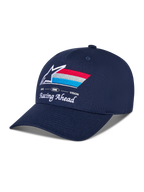 Alpinestars Trifecta Snapback pet, marineblauw, gebogen klep met gestructureerde kroon, geborduurd Astars-logo op de voorkant met rode, witte en lichtblauwe strepen, witte tekst 'Racing Ahead' en 'Goal One Vision', casual motorsport-hoofddeksel