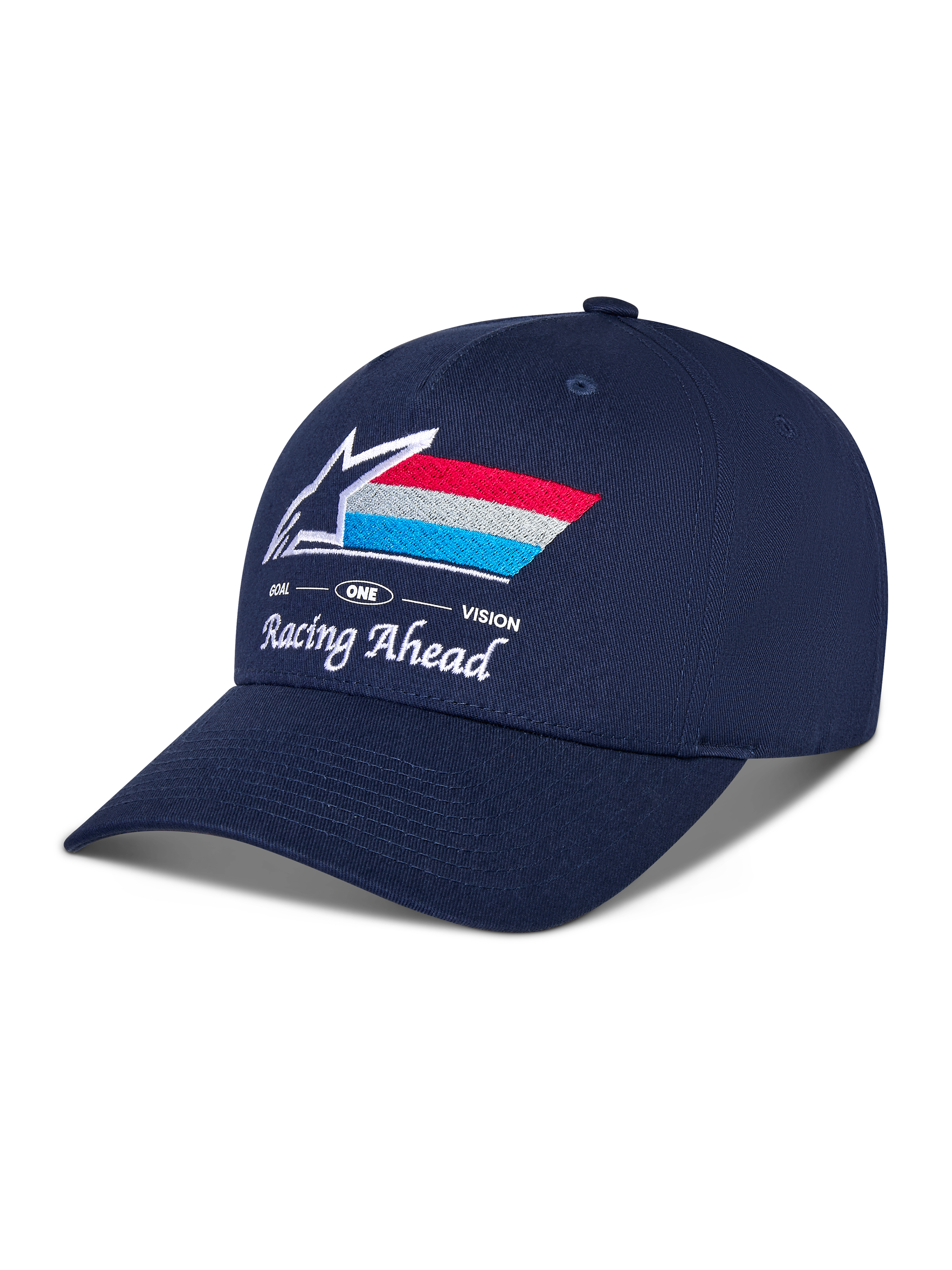 Alpinestars Trifecta Snapback pet, marineblauw, gebogen klep met gestructureerde kroon, geborduurd Astars-logo op de voorkant met rode, witte en lichtblauwe strepen, witte tekst 'Racing Ahead' en 'Goal One Vision', casual motorsport-hoofddeksel