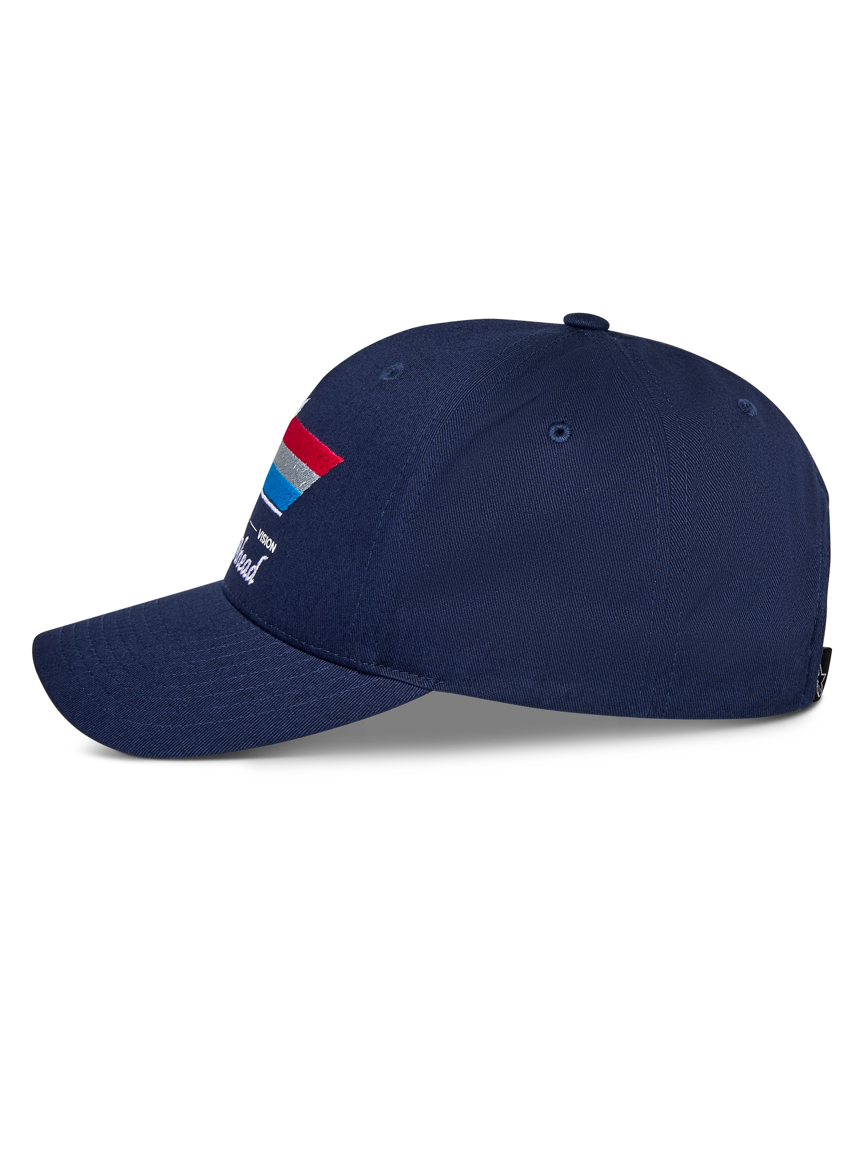 Alpinestars Trifecta Snapback pet, marineblauw, zijaanzicht, voorzien van gebogen klep en driekleurige streepgrafiek met witte tekst, casual motorsport-hoofddeksel