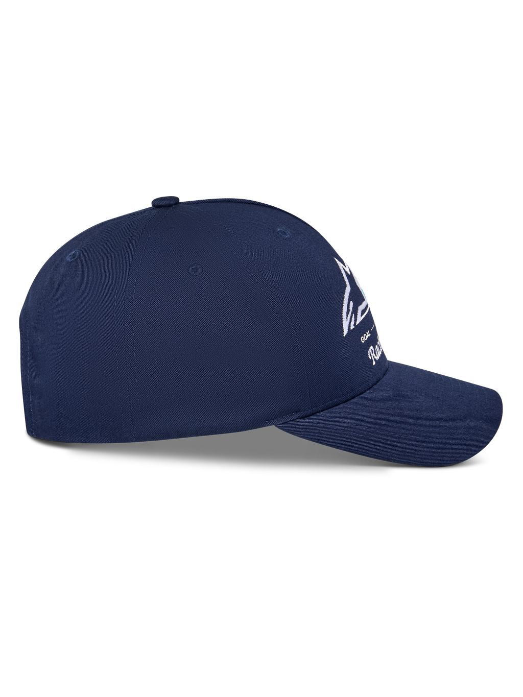 Alpinestars Trifecta Snapback pet, marineblauw, zijaanzicht met gebogen klep en gestructureerde kroon, wit Astars-logo met driekleurige strepen, katoenen keperstof, casual motorsport streetwear