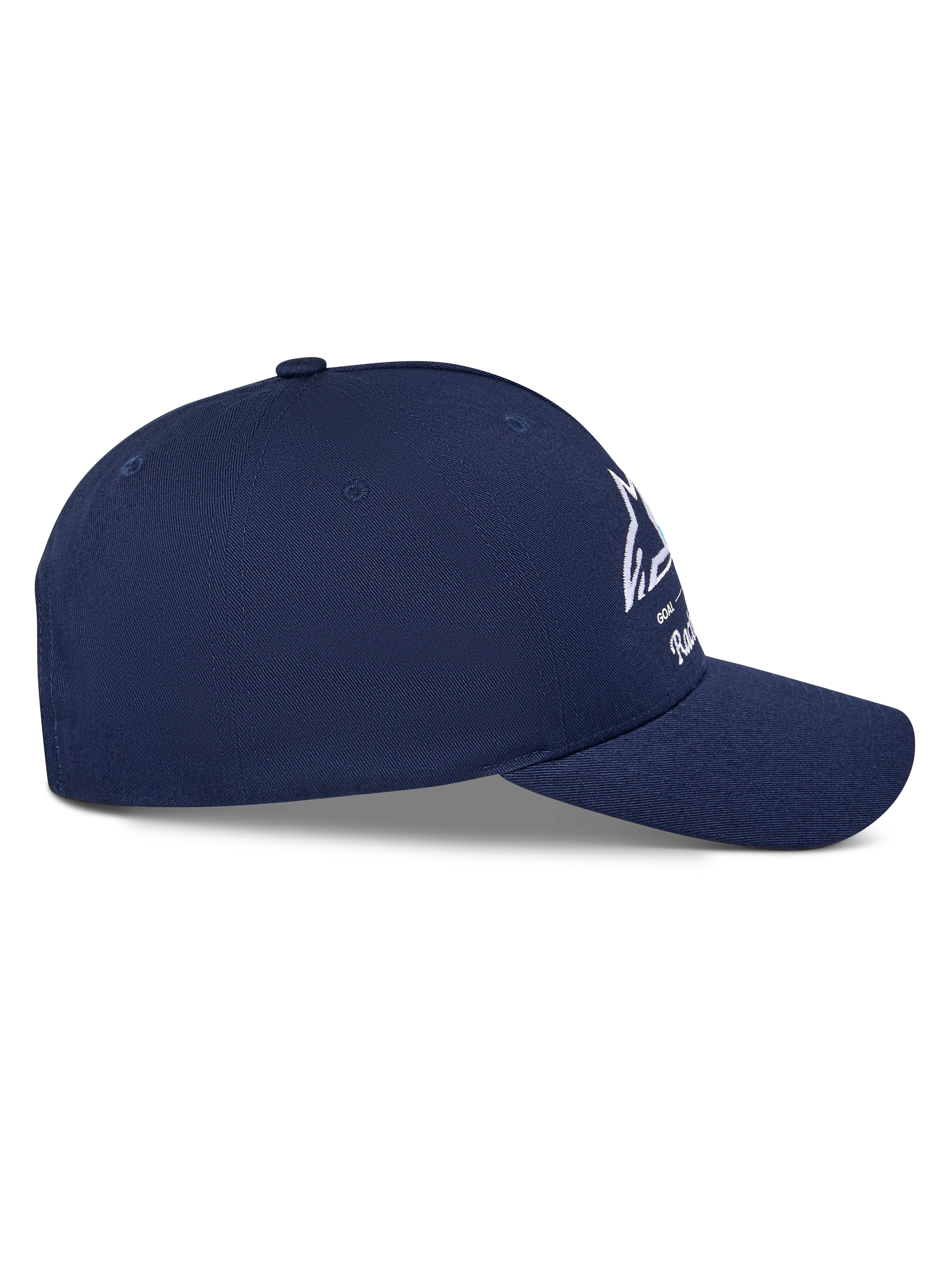 Alpinestars Trifecta Snapback pet, marineblauw, zijaanzicht met gebogen klep en gestructureerde kroon, wit Astars-logo met driekleurige strepen, katoenen keperstof, casual motorsport streetwear