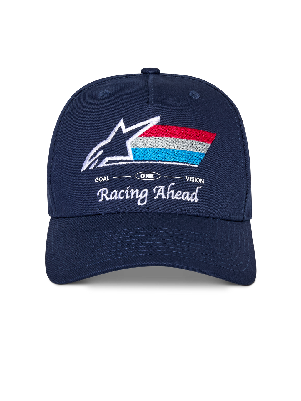 Alpinestars Trifecta Snapback pet, marineblauwe cap met gebogen klep, voorzien van geborduurd logo voorop met witte ster en driekleurige strepen, 'Racing Ahead' en 'Goal One Vision' witte tekst, gestructureerde kroon, casual motorsport-geïnspireerde pet
