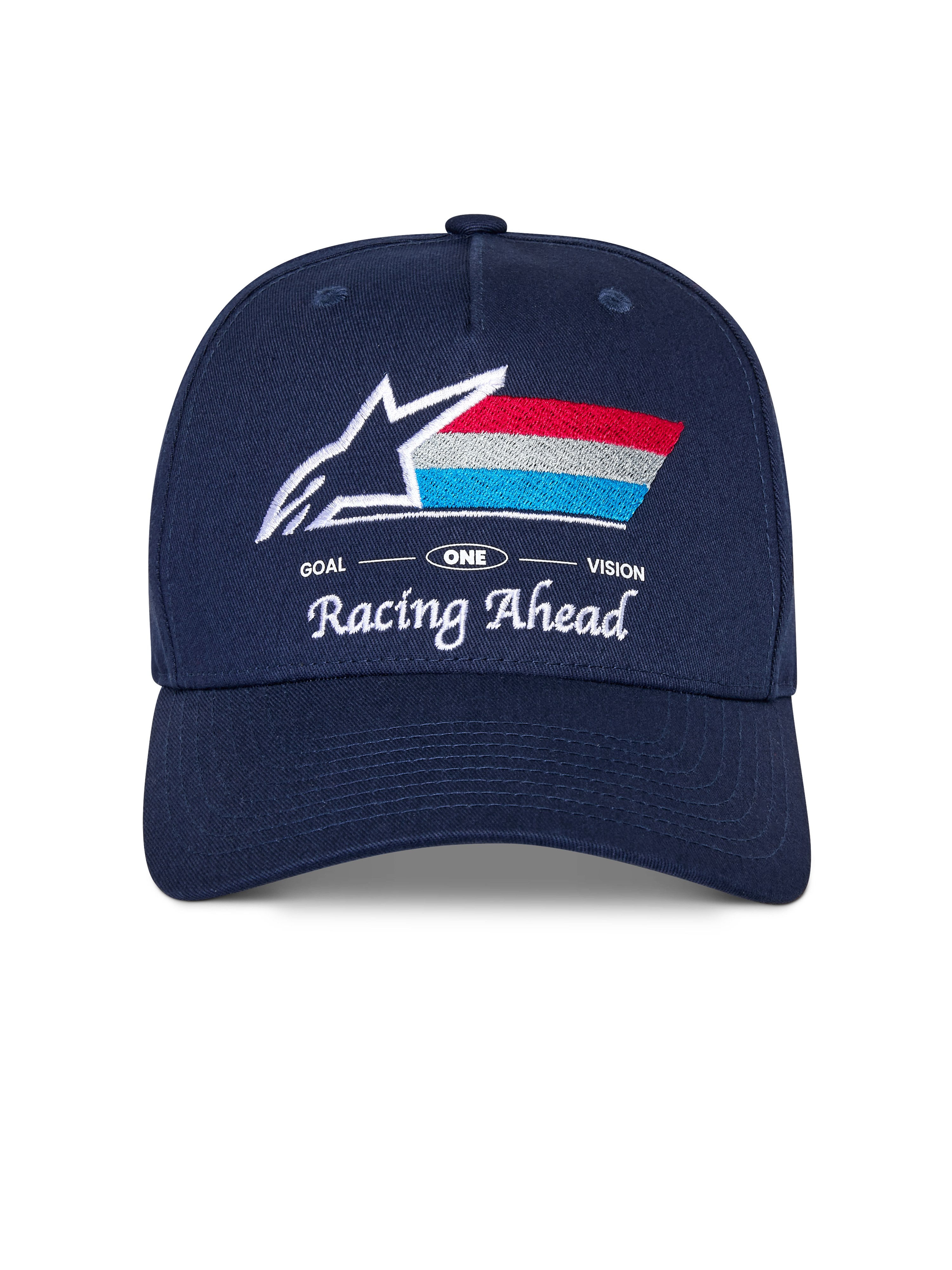 Alpinestars Trifecta Snapback pet, marineblauwe cap met gebogen klep, voorzien van geborduurd logo voorop met witte ster en driekleurige strepen, 'Racing Ahead' en 'Goal One Vision' witte tekst, gestructureerde kroon, casual motorsport-geïnspireerde pet