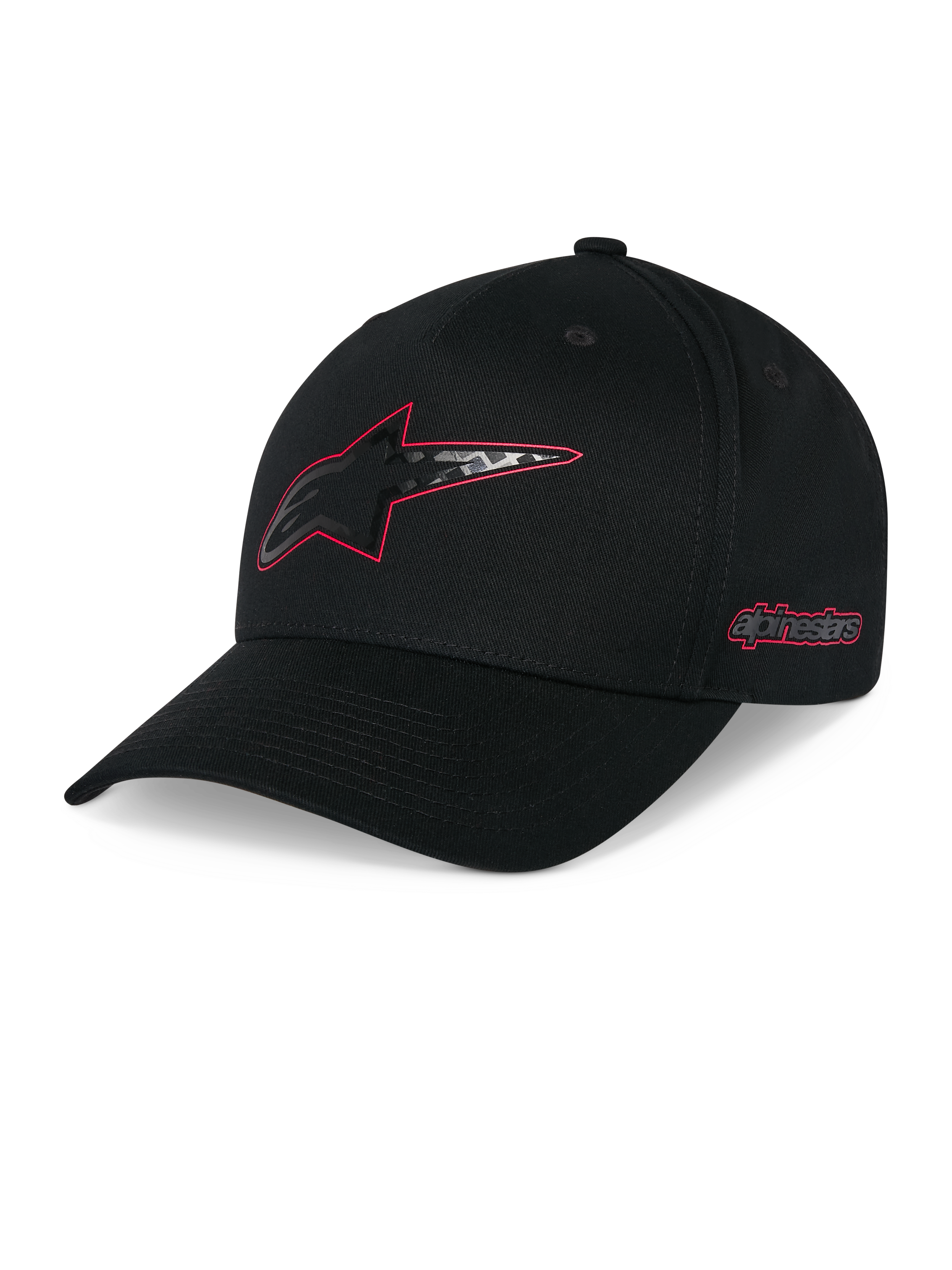 Alpinestars Carbon Fiber Snapback Kappe, Schwarz, gebogener Schirm mit strukturierter Krone, Astars-Logo vorne mit roter Umrandung und Carbonfaser-Optik, seitlicher Alpinestars-Schriftzug in Rot, lässige Motorsport-Kopfbedeckung