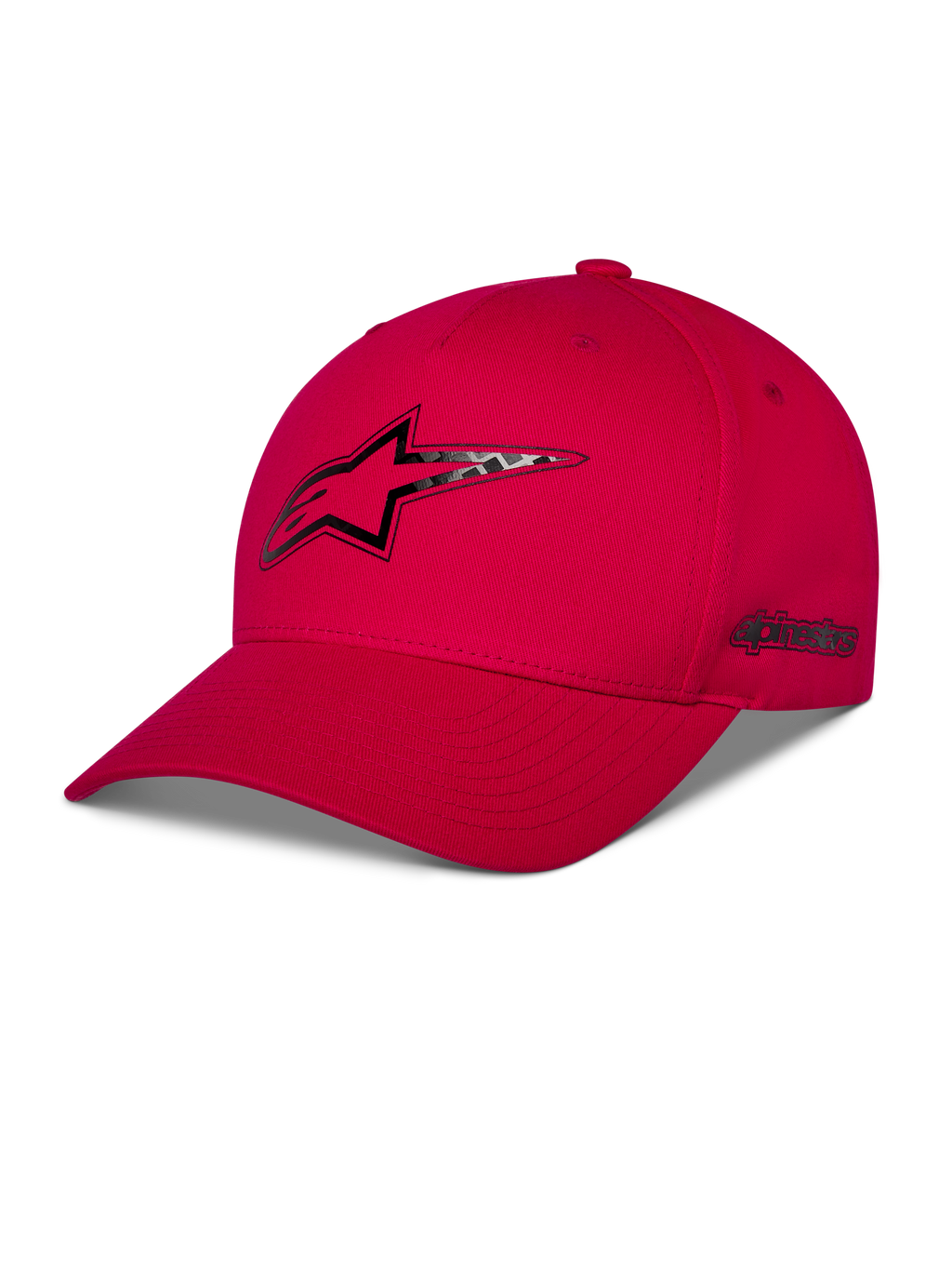 Casquette Snapback Alpinestars Carbon Fiber, rouge, logo Astars à l'avant et logo sur le côté avec impression par transfert thermique aspect fibre de carbone, visière incurvée et couronne structurée, style streetwear motorsport décontracté
